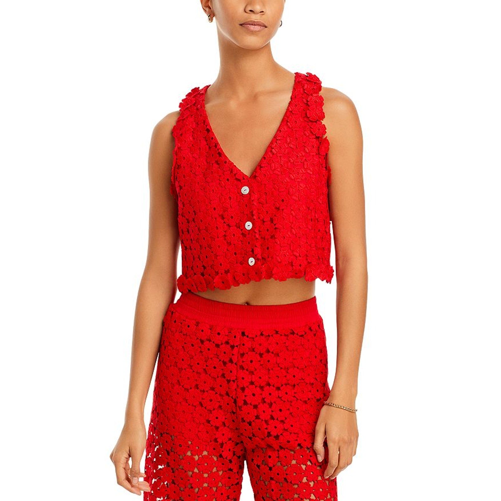 Waimari 'Christie' Red Cotton Floral Eyelet Lace Cropped Vest Size XS