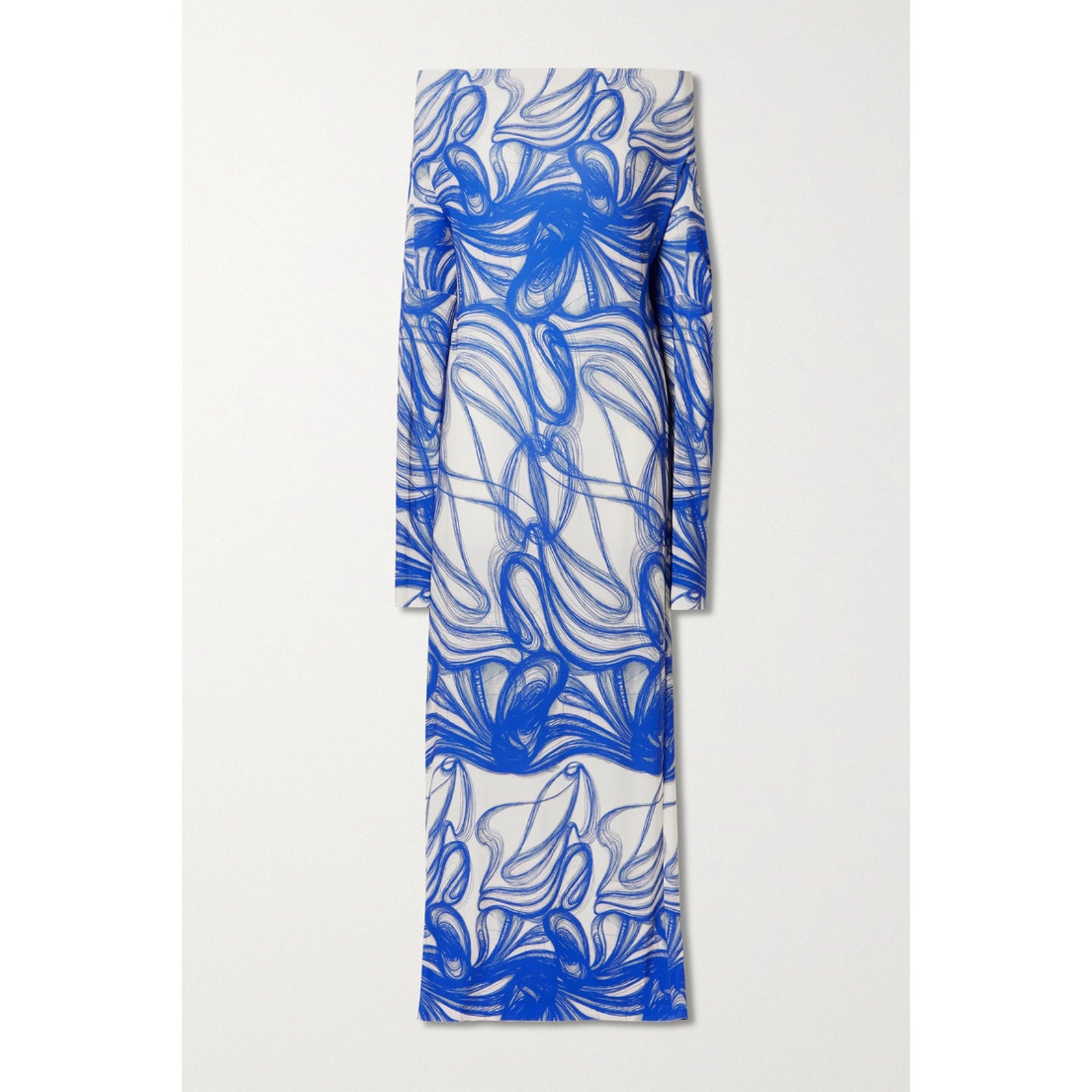 Norma Kamali Off-The-Shoulder Blue Printed Stretch-Jersey Maxi Dress Size XS