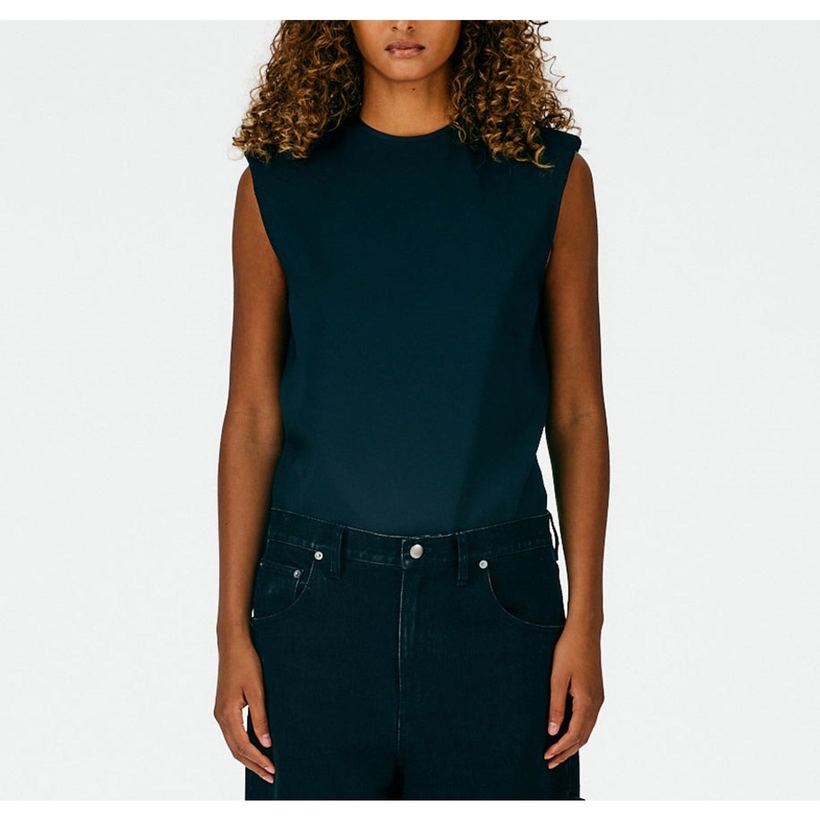 Tibi 'Chalky' Black Polyester Drape Padded Shoulder Sleeveless Top Size M