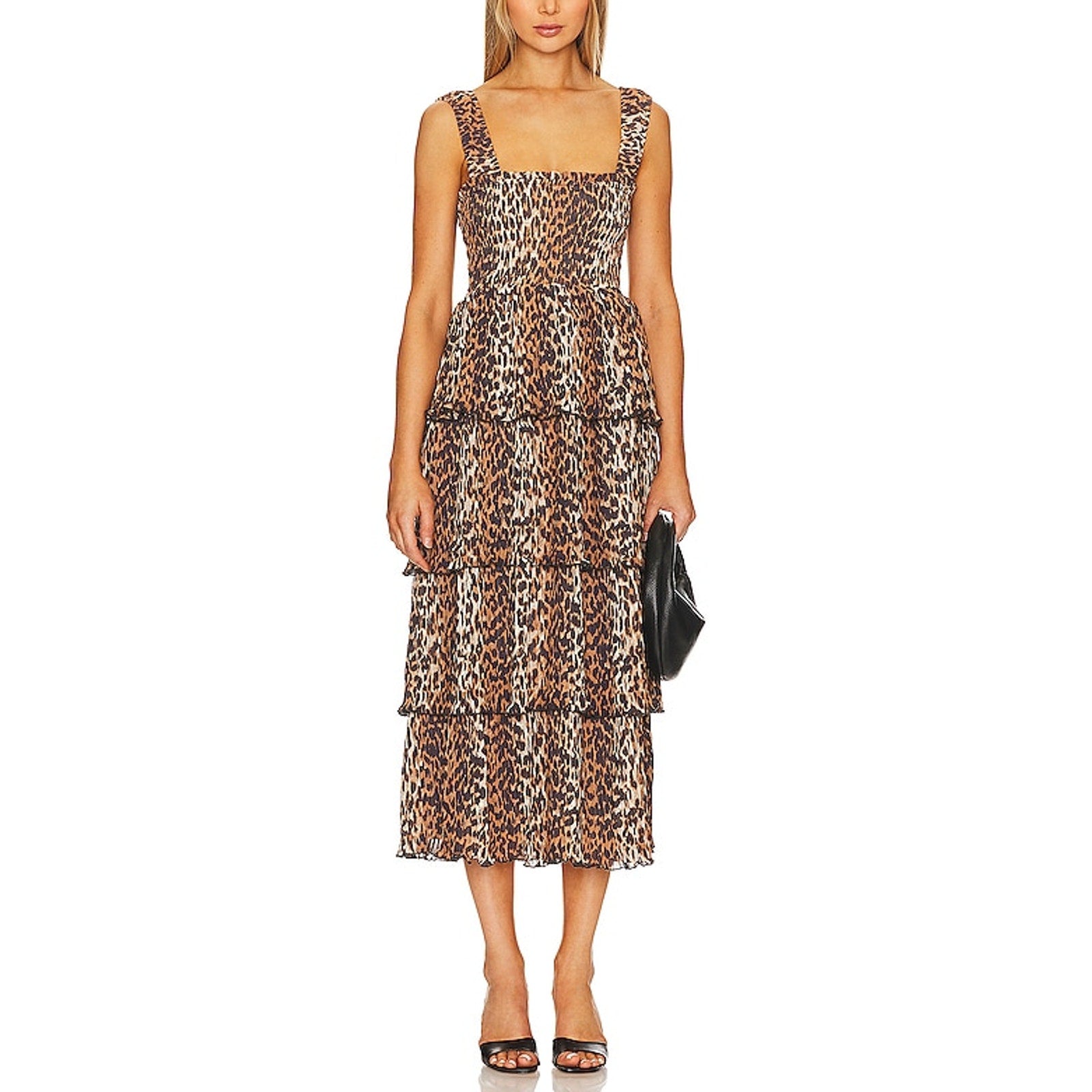 Ganni Flounce Smock Brown Polyester Midi Dress Size 40