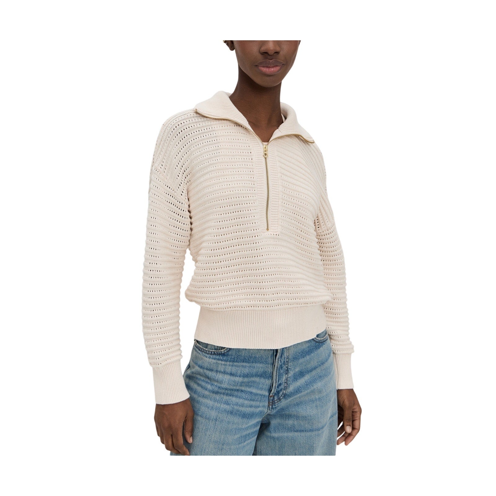 Varley 'Tara' Beige Cotton Pointelle Half Zip Sweater Size S