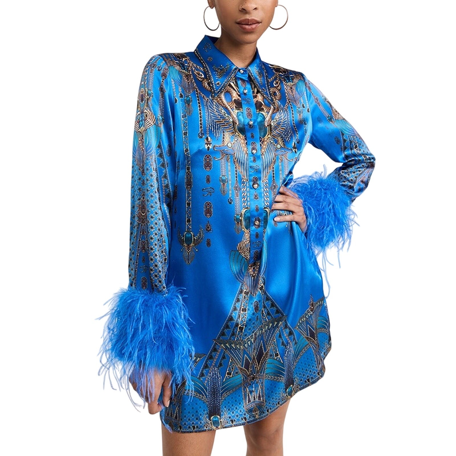 Camilla Mini Blue Silk Shirt Dress With Feather Cuffs Size S - NWT