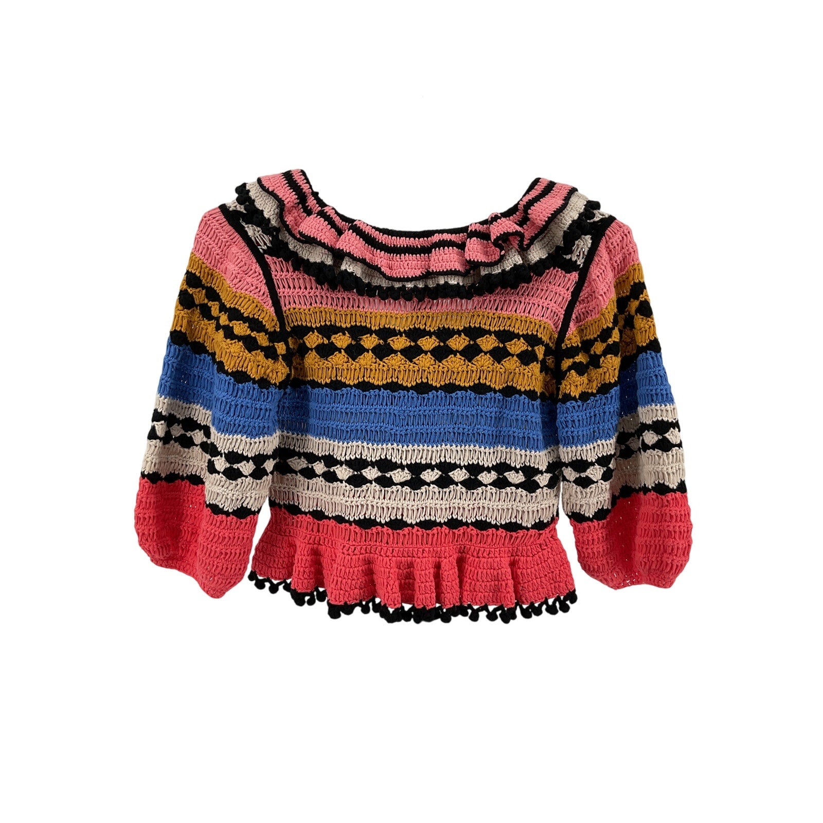 Zimmermann Ruffled Pink Cotton Crocheted Cotton Sweater Size 1