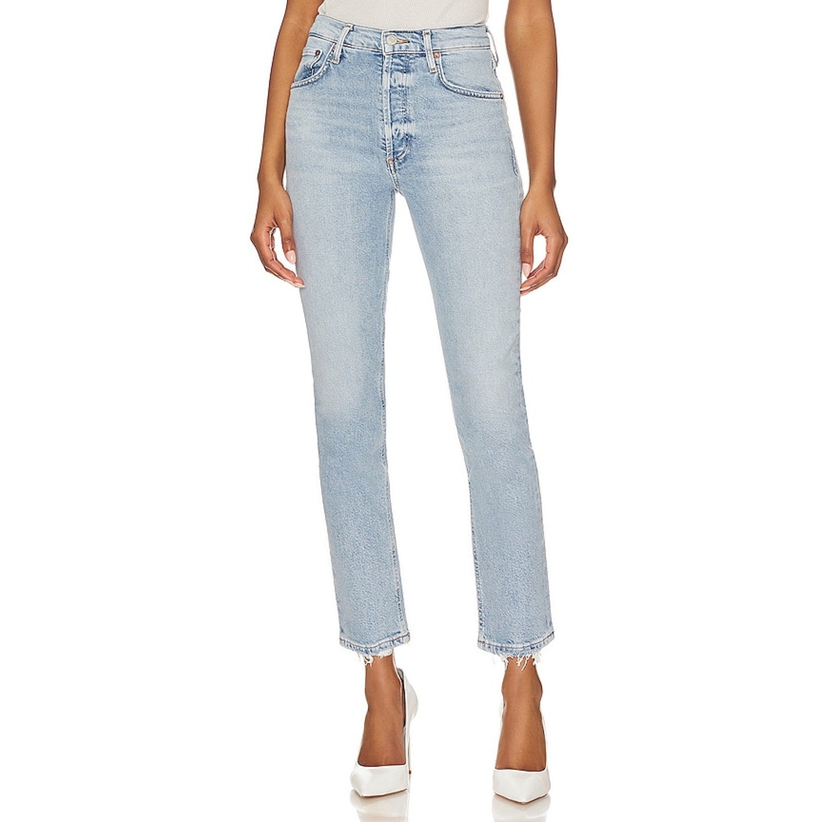 Agolde 'Riley' Blue Cotton High Rise Straight Crop Denim Jean Size 28