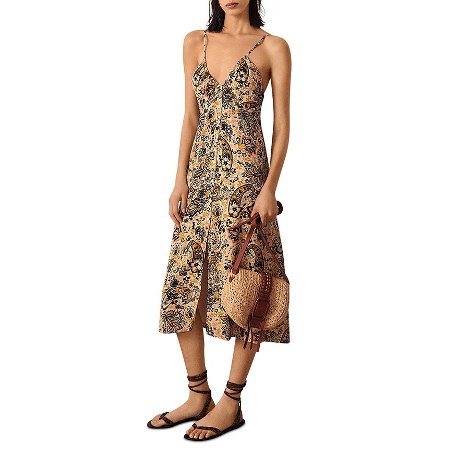 Ba&Sh 'Baila' Tan Viscose Printed Midi Dress Size XS