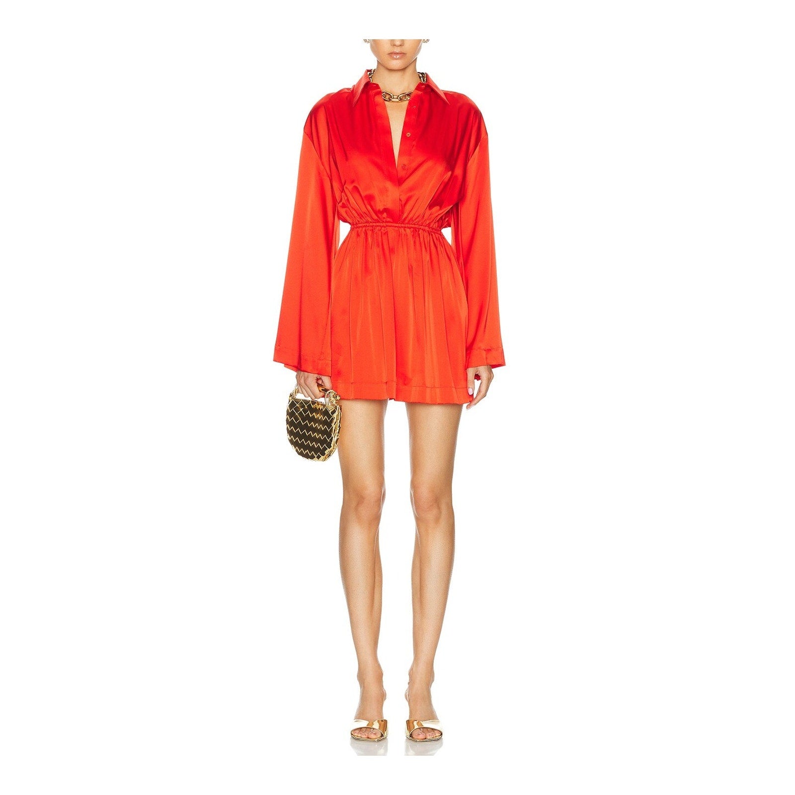 Caroline Constas 'Aesha' Red Silk Bell Sleeve Mini Shirt Dress Size S