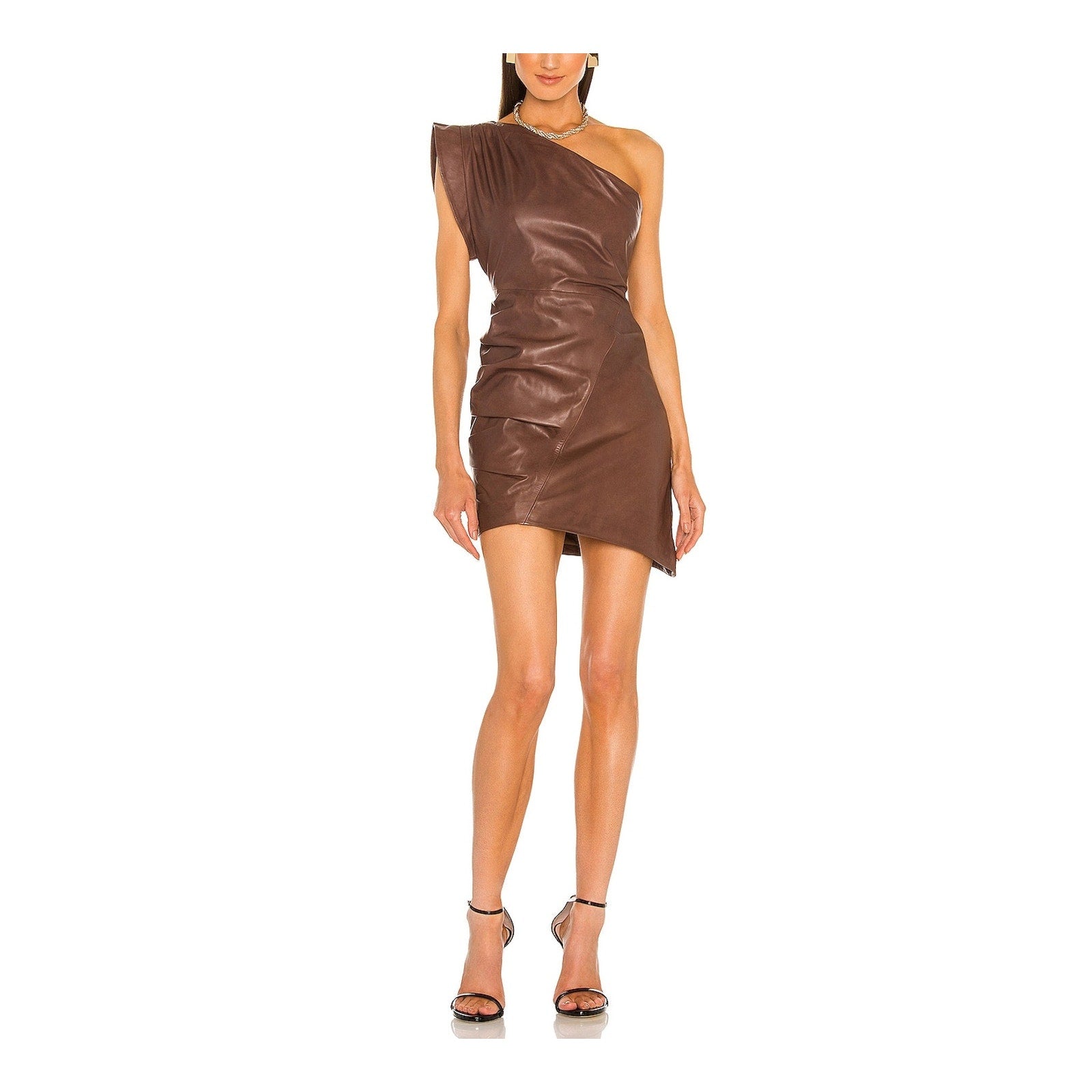 Lamarque 'Corey' Brown Leather Asymmetrical Mini Dress Size S