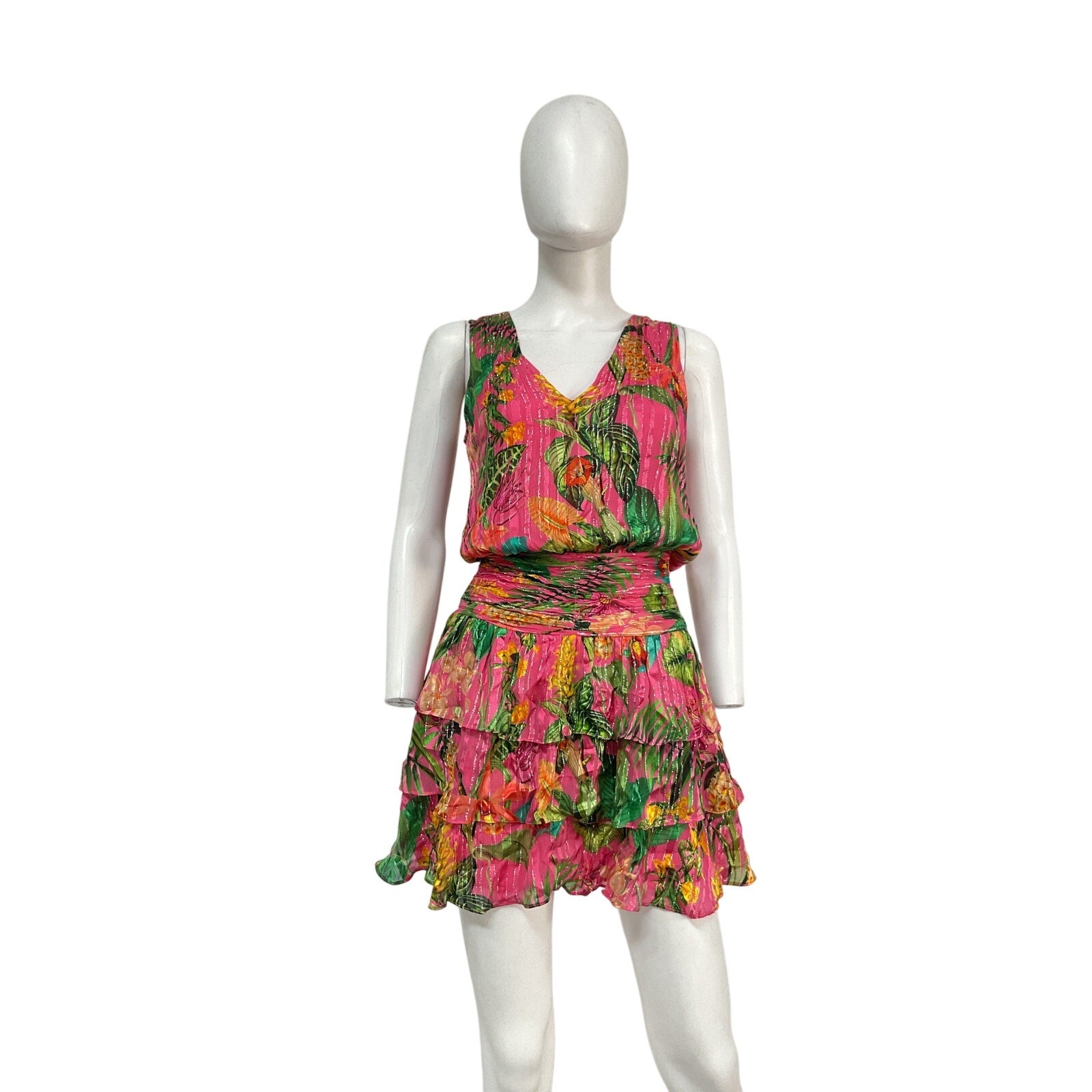 Ramy Brook Printed Pink Silk Wilson Tiered Mini Dress Size 00