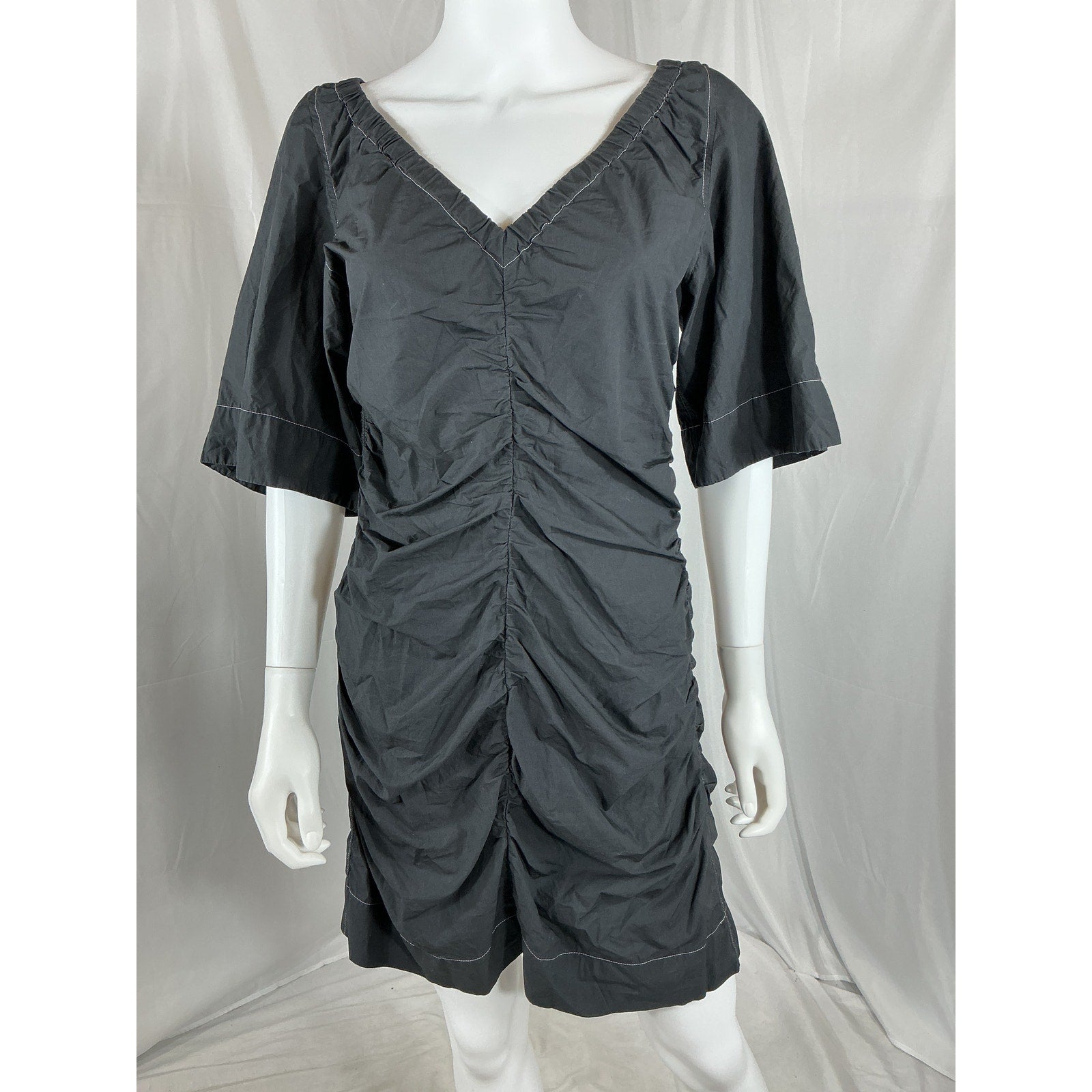 Ganni Poplin Black Cotton V-Neck Mini Dress Size 40