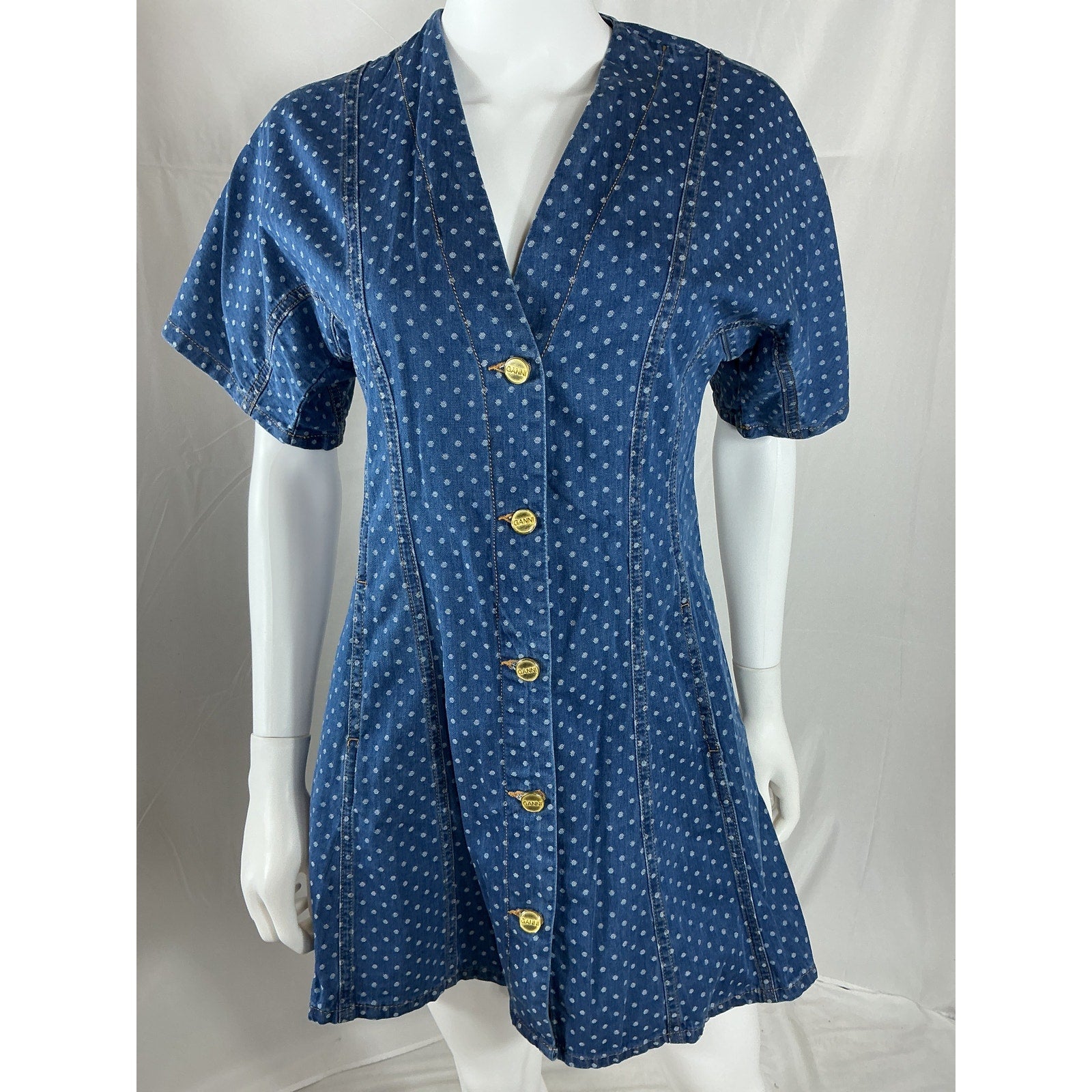 Ganni Polka-Dot Blue Cotton Denim-Jacquard Mini Dress Size 34