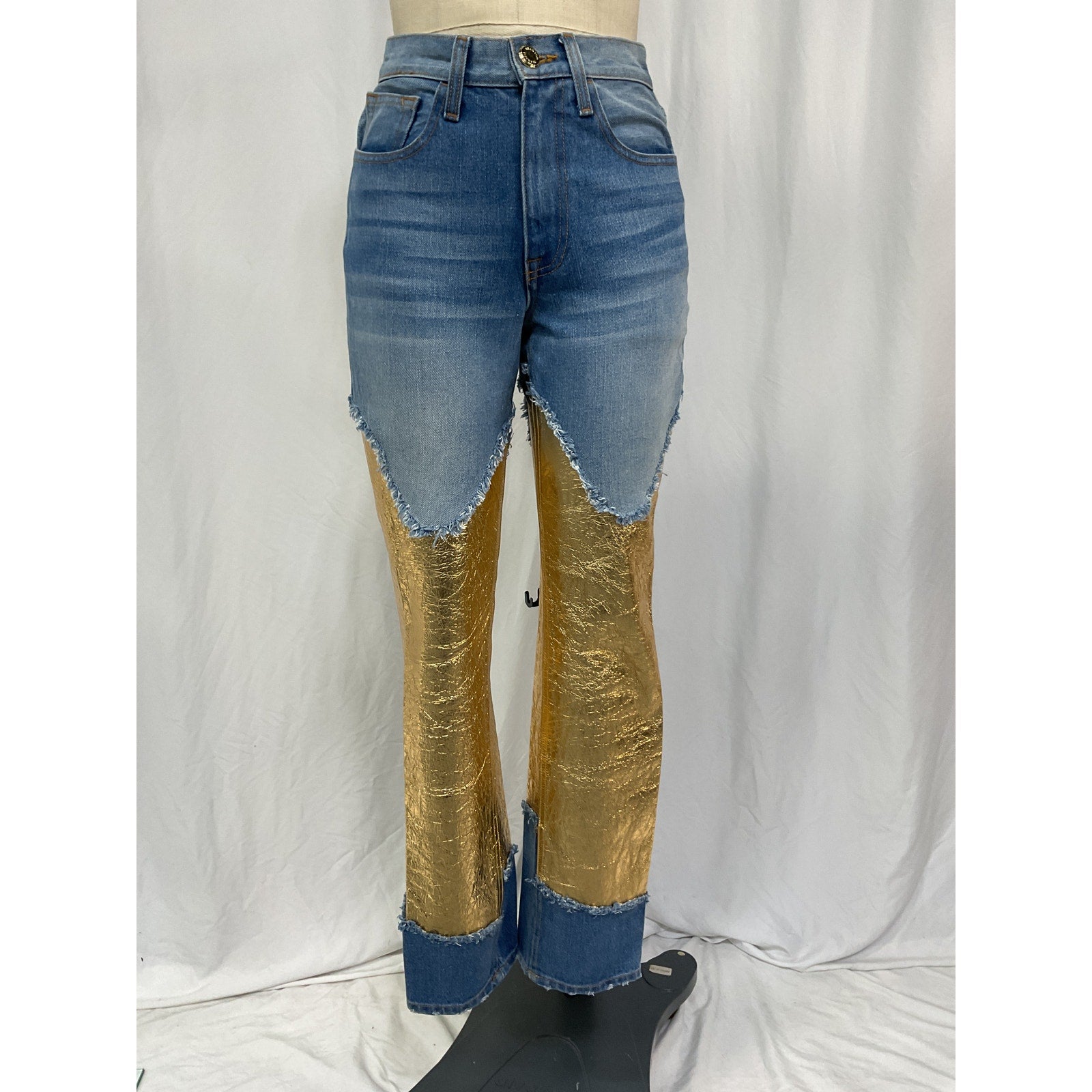 Brandon Maxwell 'The Cortlandt' Blue Cotton Paneled Metallic Leather Straight Leg Jeans Size 25