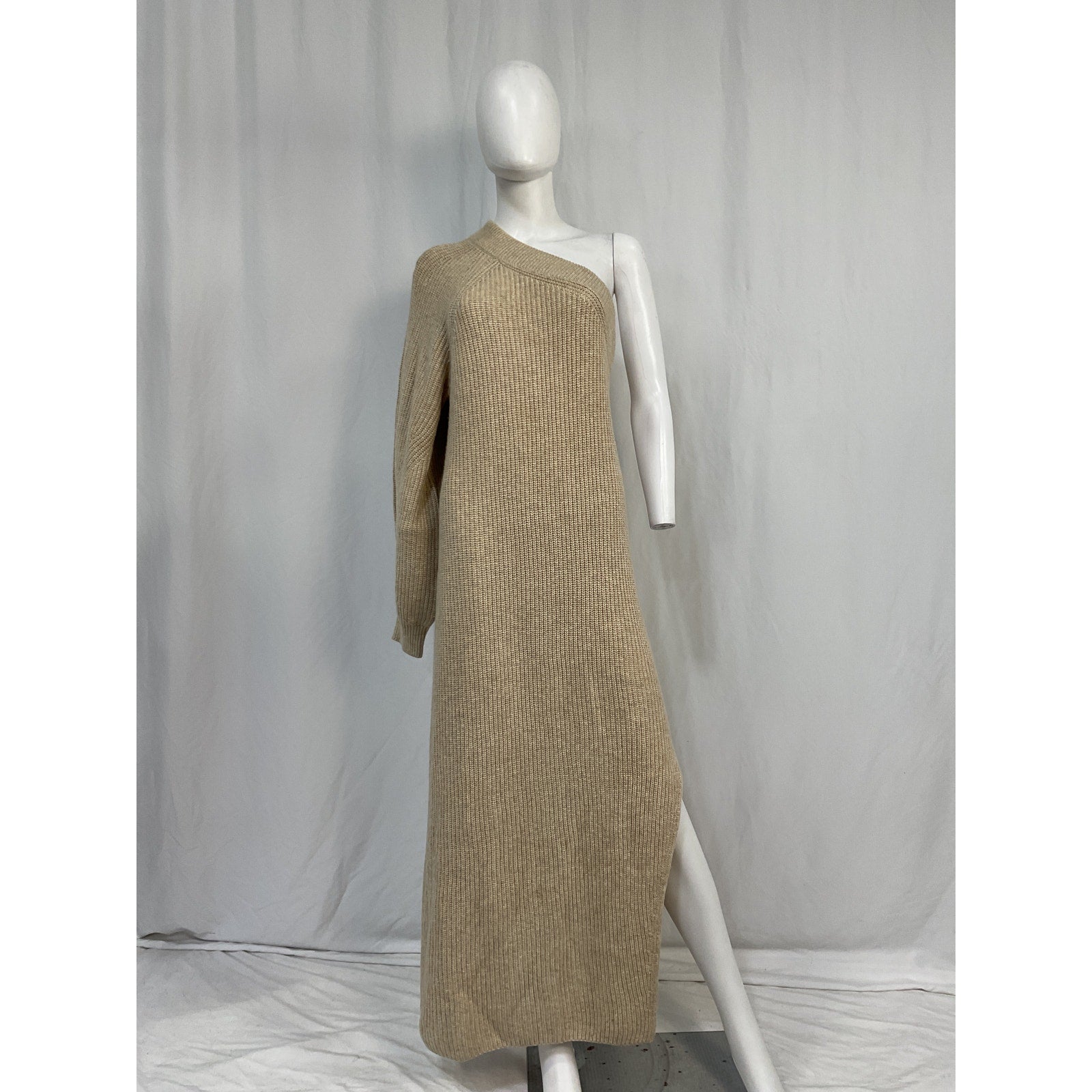L'Academie 'Feride' Tan Acrylic One Shoulder Midi Dress Size XL