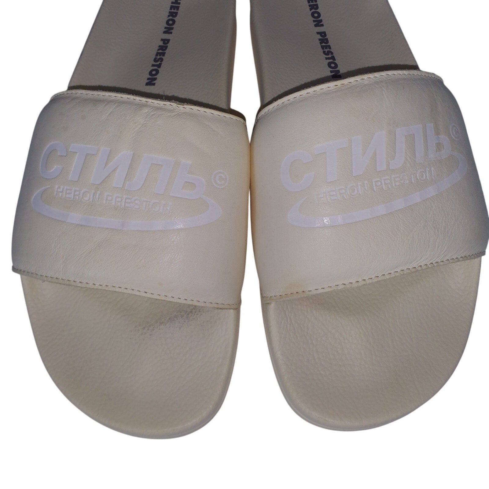 Heron Preston Cream Leather Logo Pool Slides Size 12