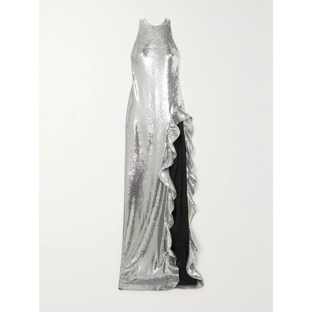 David Koma Halterneck Silver Sequin And Ruffle-Embellished Stretch-Crepe Gown Size 8