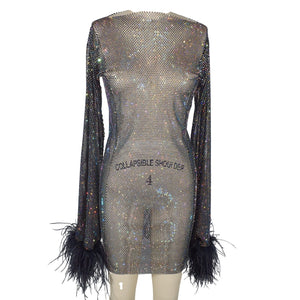 Santa Brands Embellished Black Feathers Mini Dress
