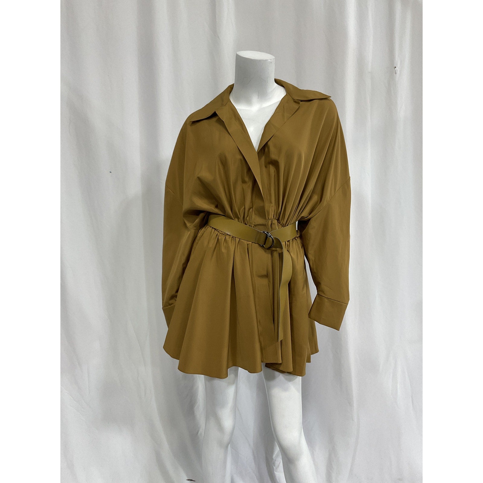 Norma Kamali 'Oversized' Tan Shirt Flared Challis Mini Dress Size XS