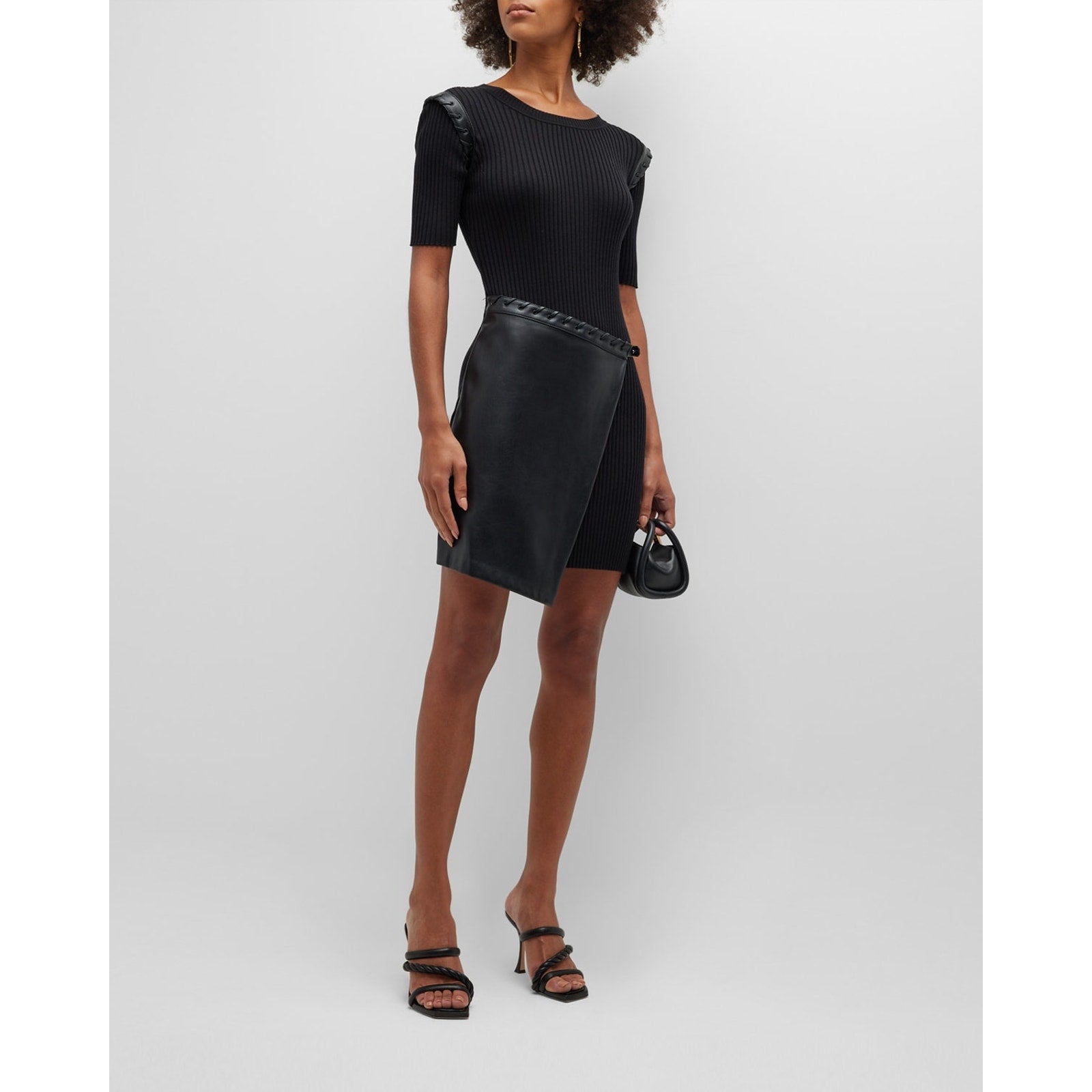 Simkhai 'Gianina' Black Compact Rib Vegan Leather Combo Dress Size L