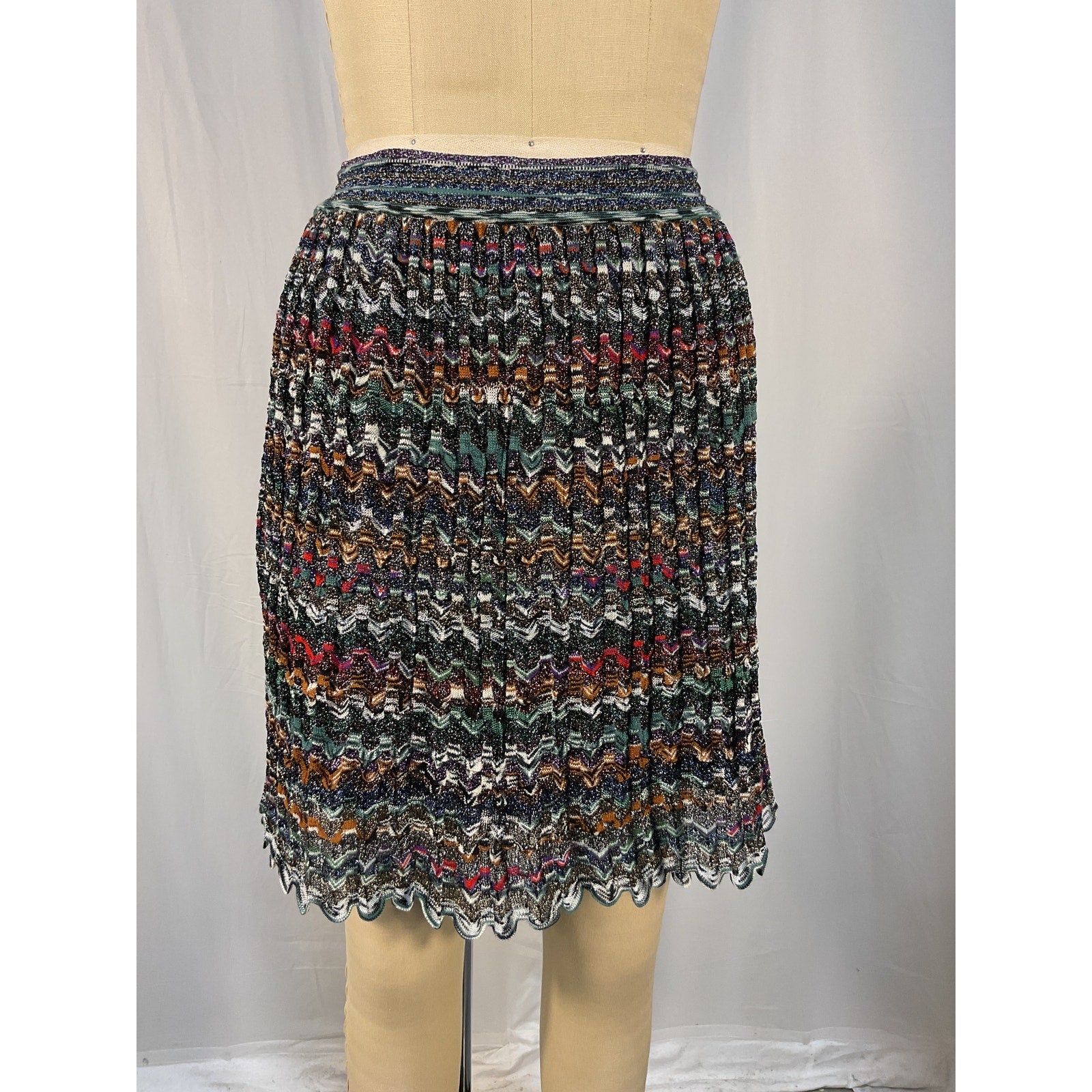 Missoni 'Striped' Green Metallic Crochet-Knit Mini Skirt Size S