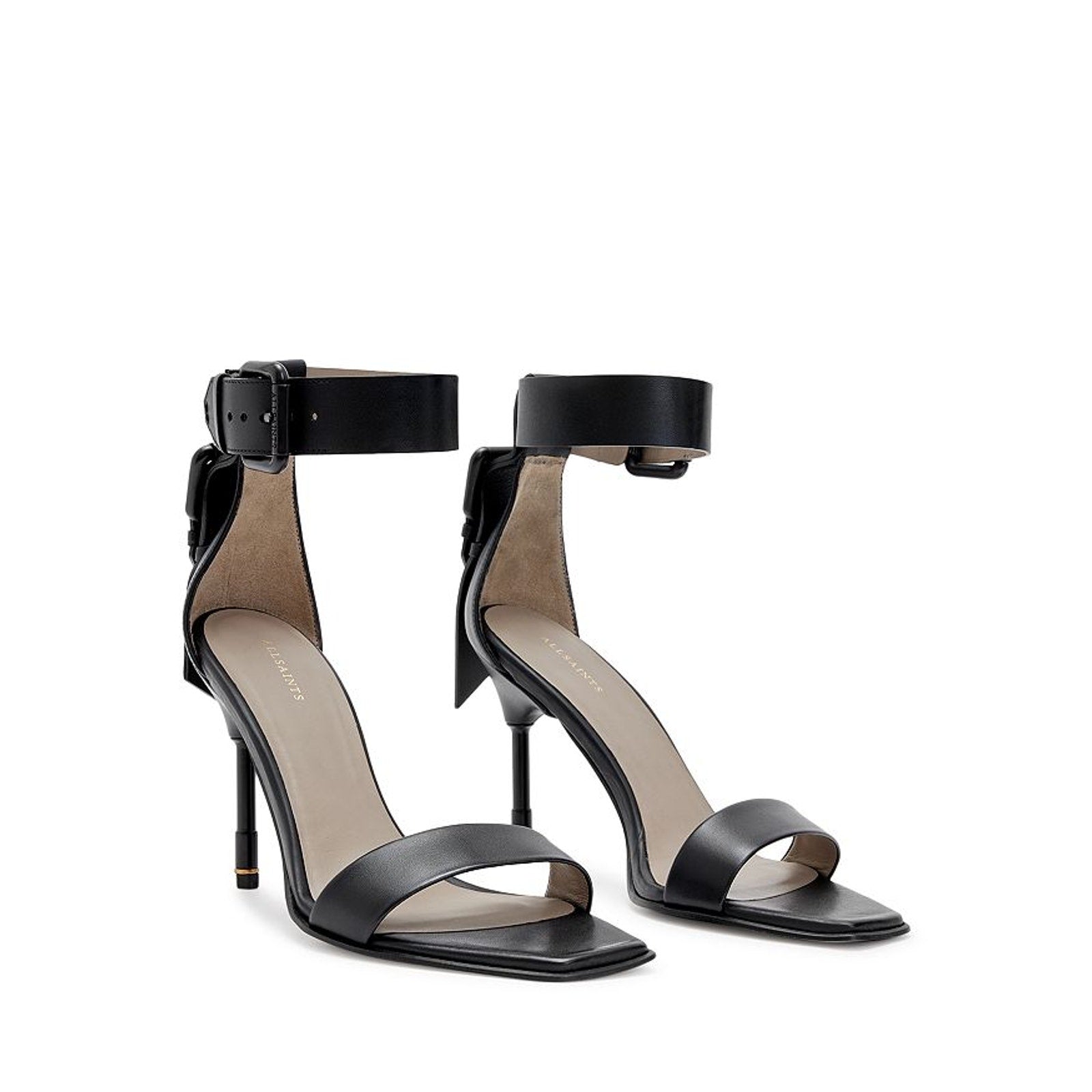 Allsaints 'Noir' Black Leather Ankle Strap High Heel Sandals Size 11