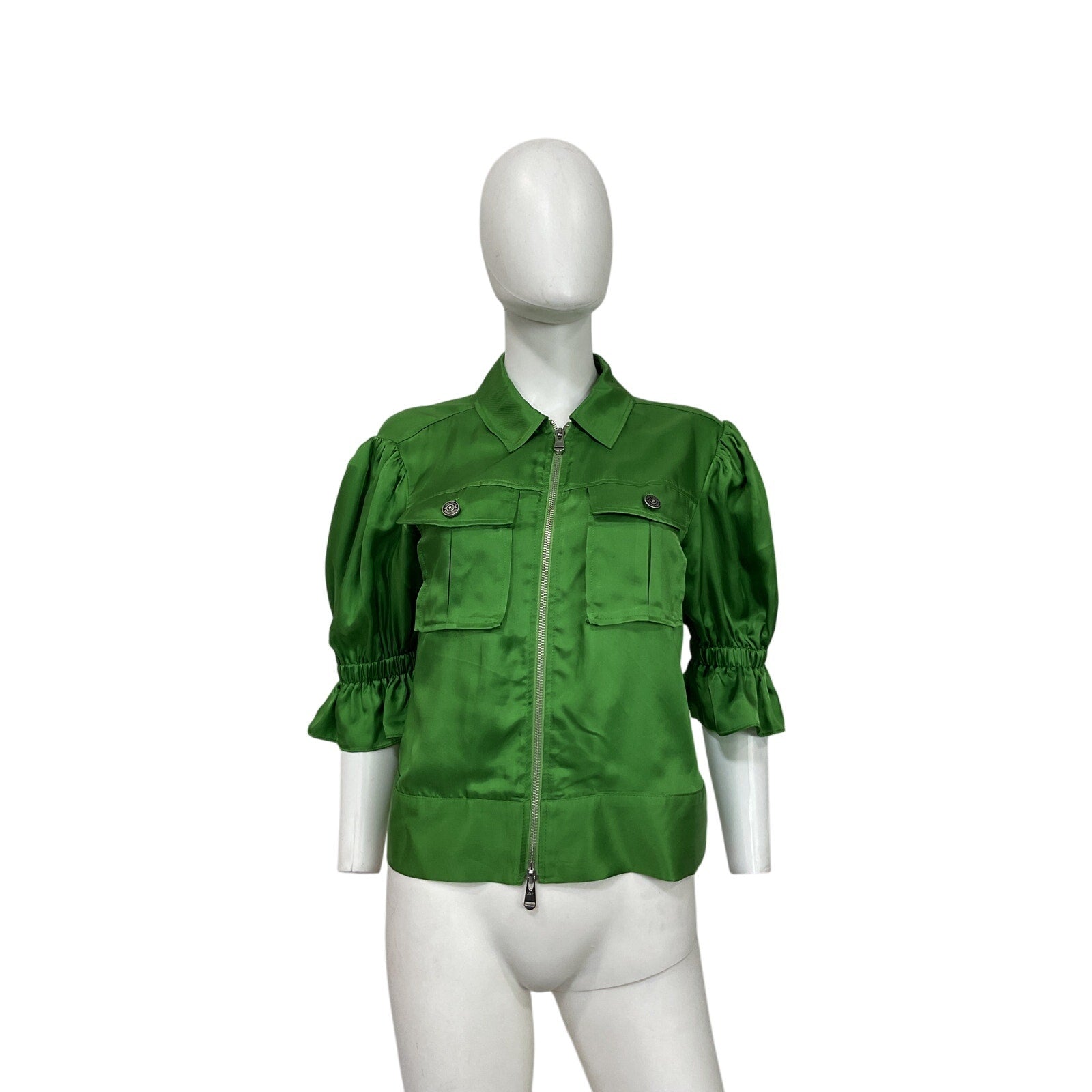 Cinq A Sept 'Holly' Green Cupro Puff-Sleeve Utility Jacket Size S