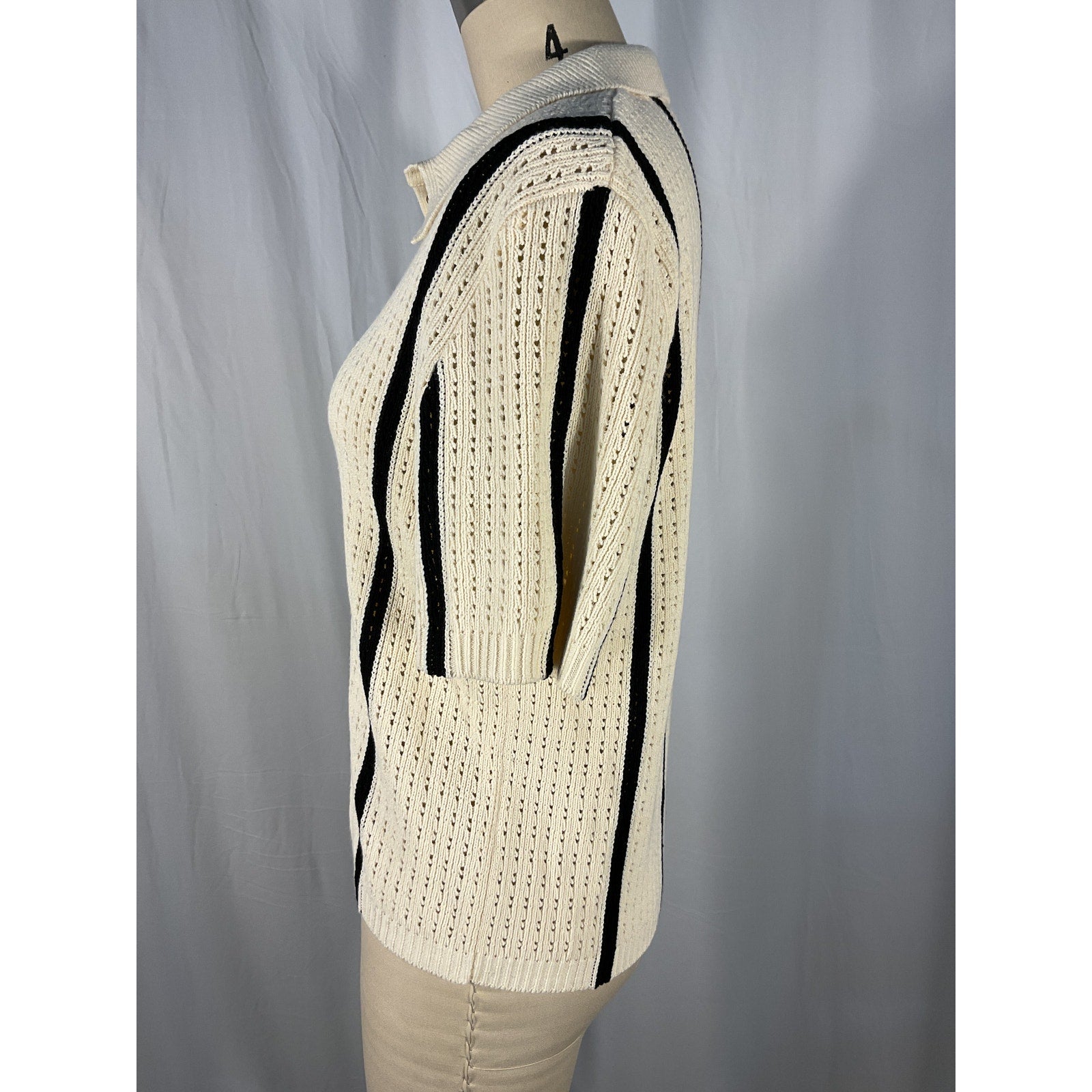 Anine Bing 'Alexis' White Striped Pointelle-Knit Cotton-Blend Top Size L