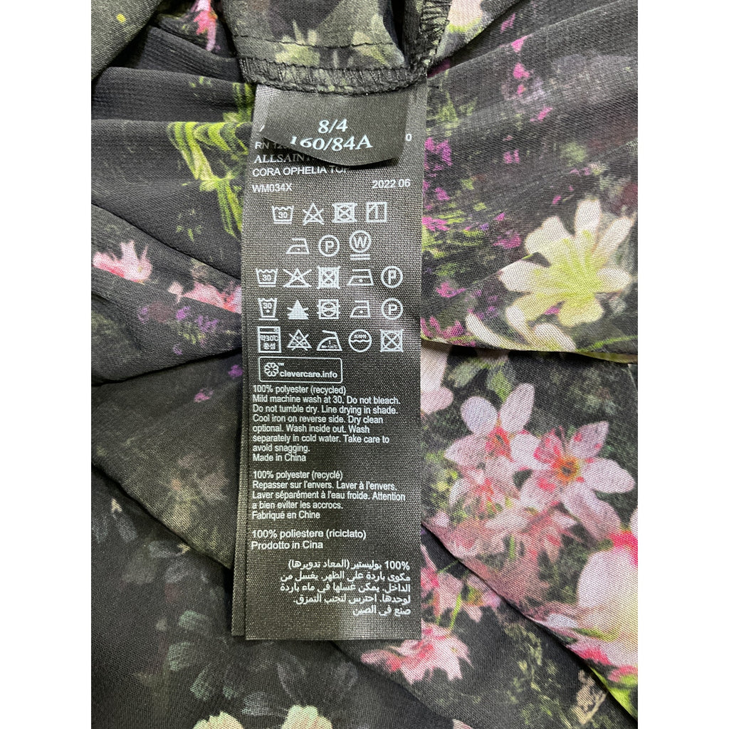 Allsaints 'Cora' Black Polyester Ophelia Pleated Floral Blouse Size 4