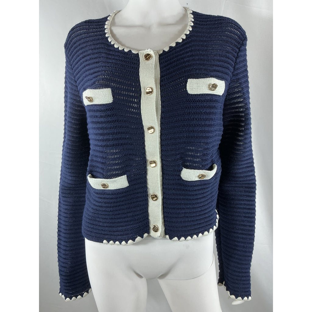 Self-Portrait Blue Cotton Contrast-Trim Cropped Crochet Cardigan Size L