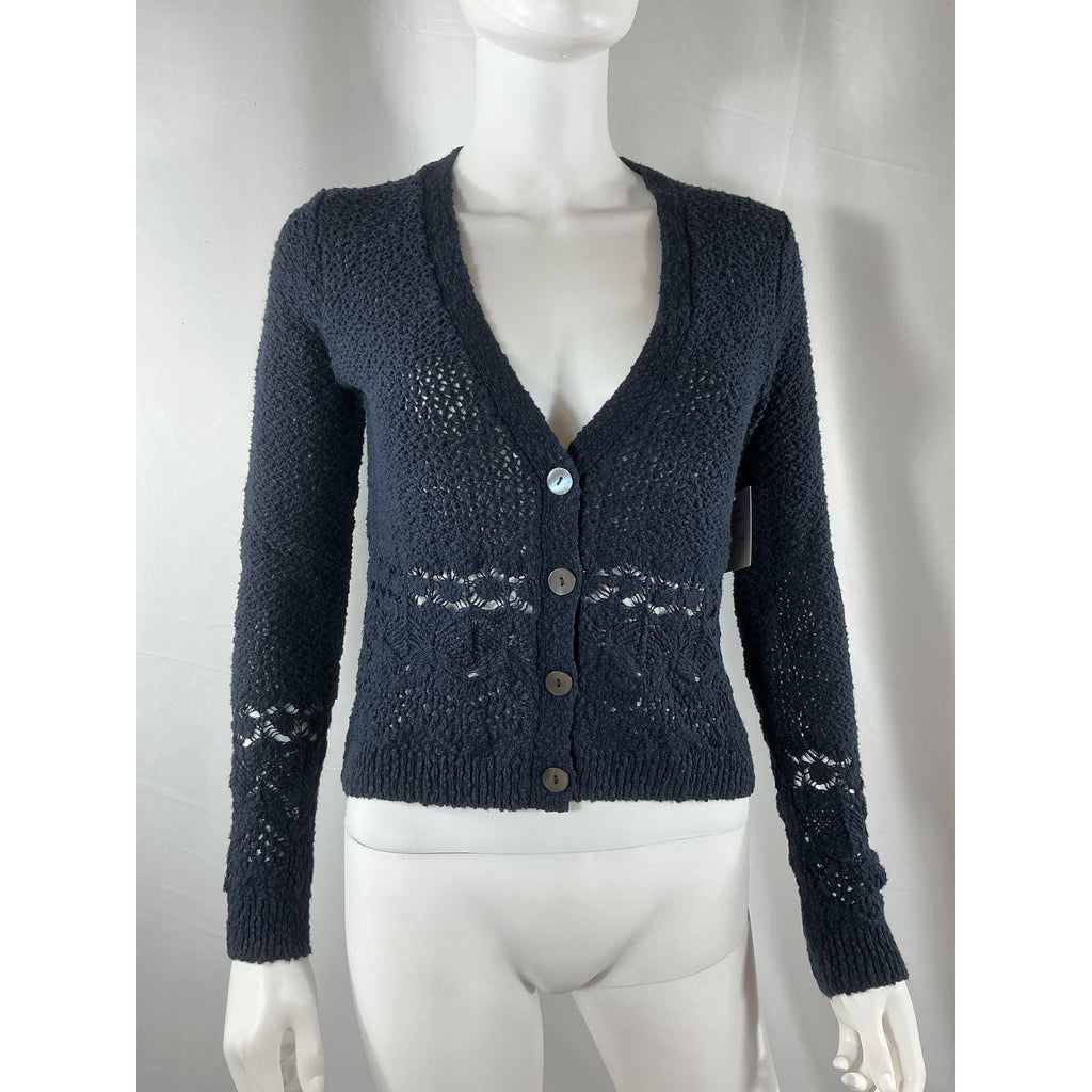Autumn Pointelle-Knit Navy Cashmere Cotton Cardigan Size S - NWT