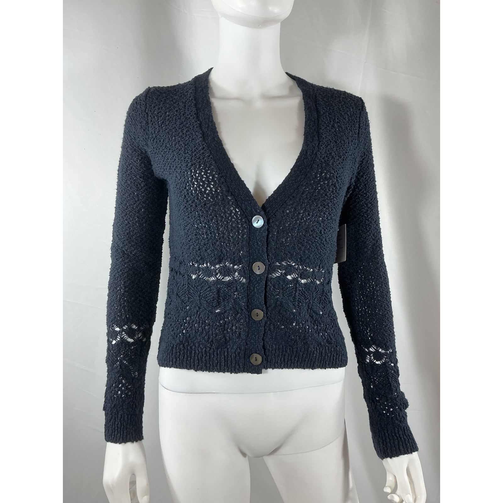 Autumn Pointelle-Knit Navy Cashmere Cotton Cardigan Size S - NWT