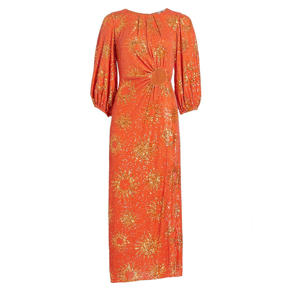 Farm Rio Sunny Mood Sequin Orange Cut-Out Midi-Dress Size XXS