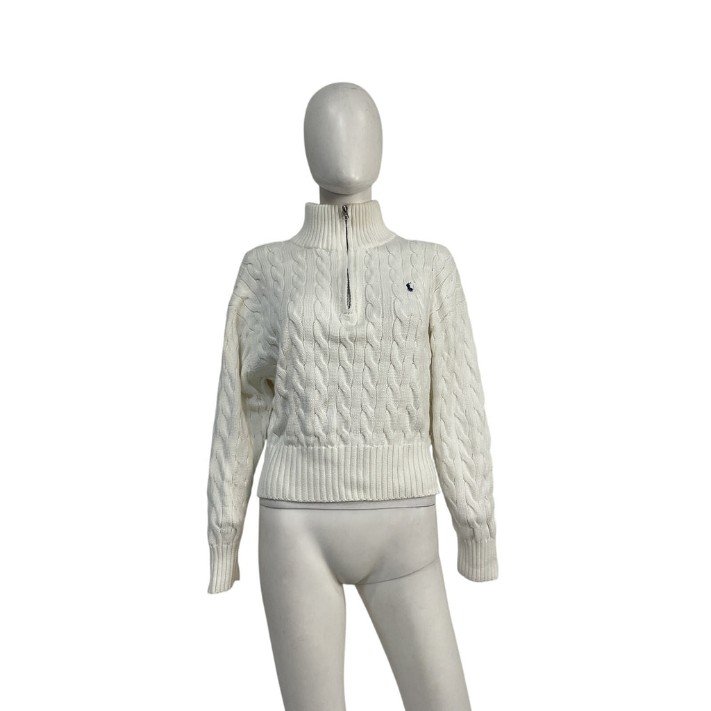 Polo Ralph Lauren White Cotton Cable-Knit Quarter-Zip Sweater Size M