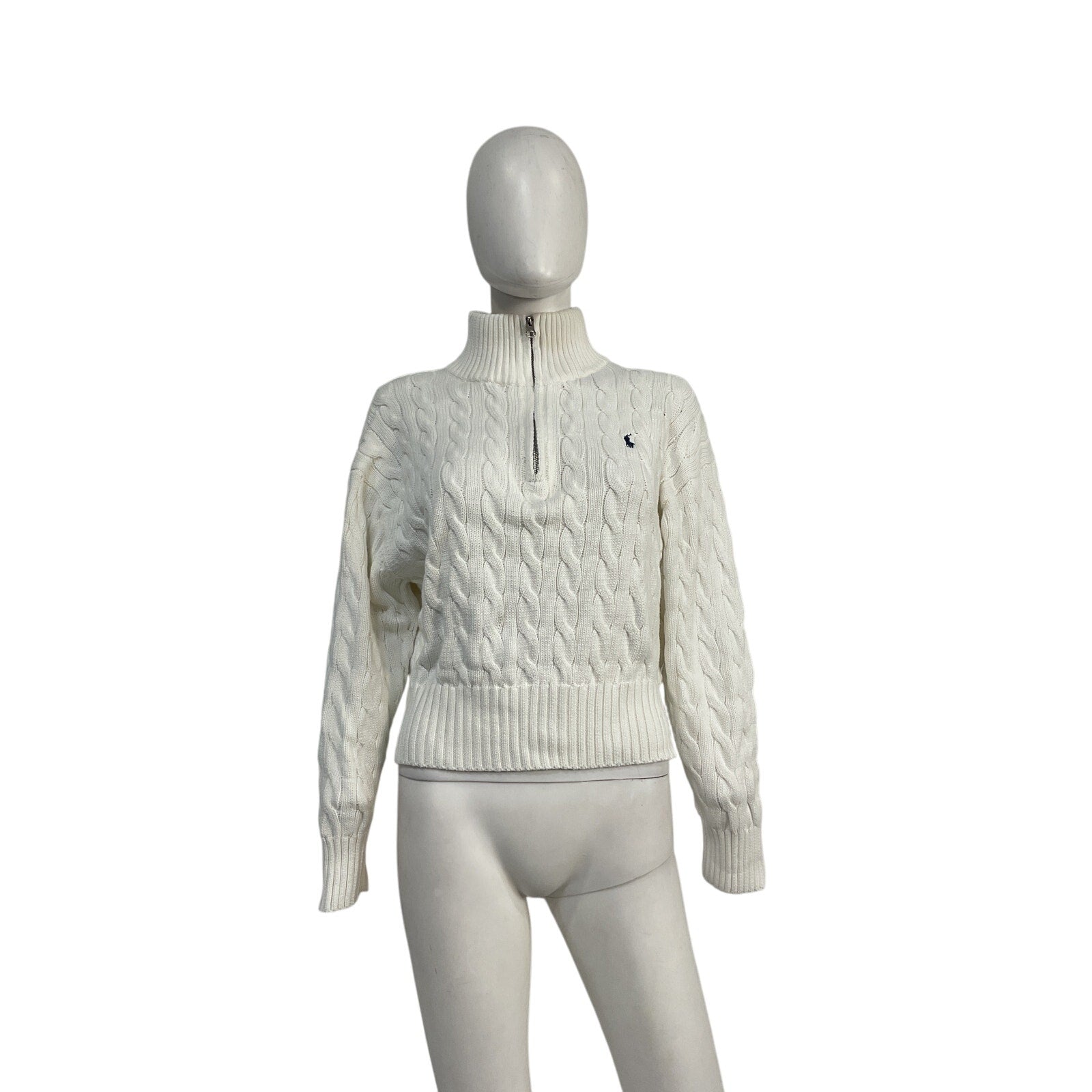 Polo Ralph Lauren White Cotton Cable-Knit Quarter-Zip Sweater Size M