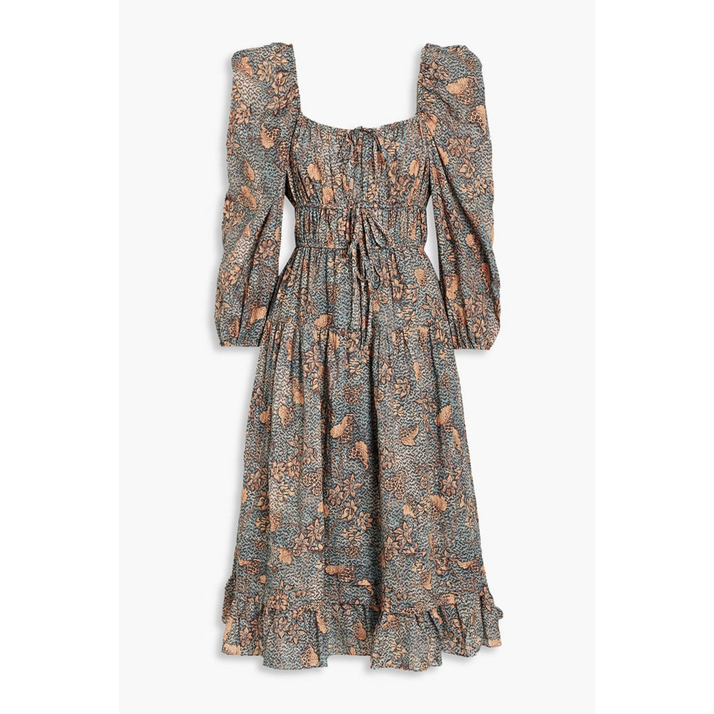 Ulla Johnson 'Isla' Black Gathered Printed Cotton-Blend Voile Midi Dress Size 2