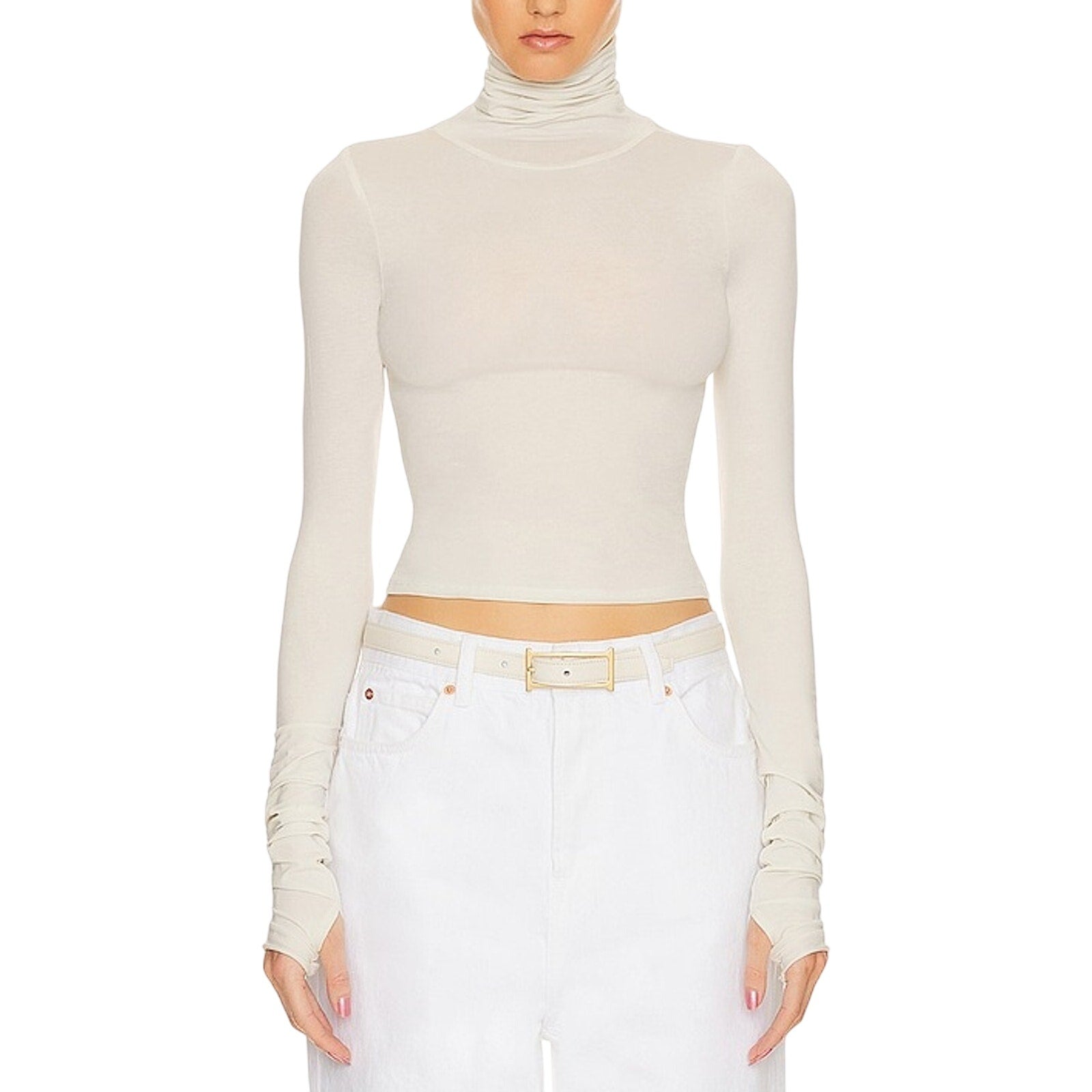 Helsa Jersey White Cotton Long Sleeve Turtleneck Size S