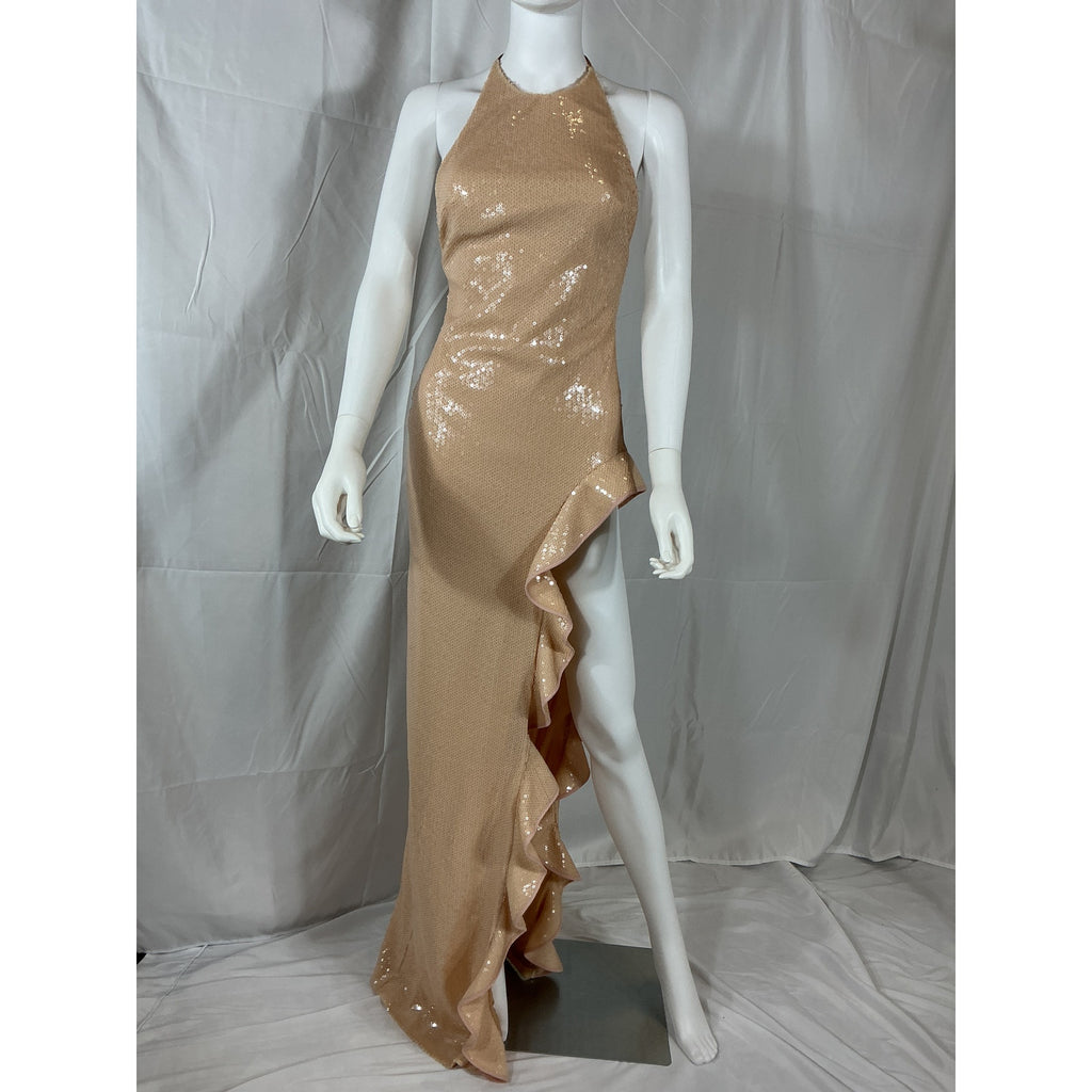 David Koma 'Ruffle' Tan Open Leg Sequin Gown Size 2 - NWT