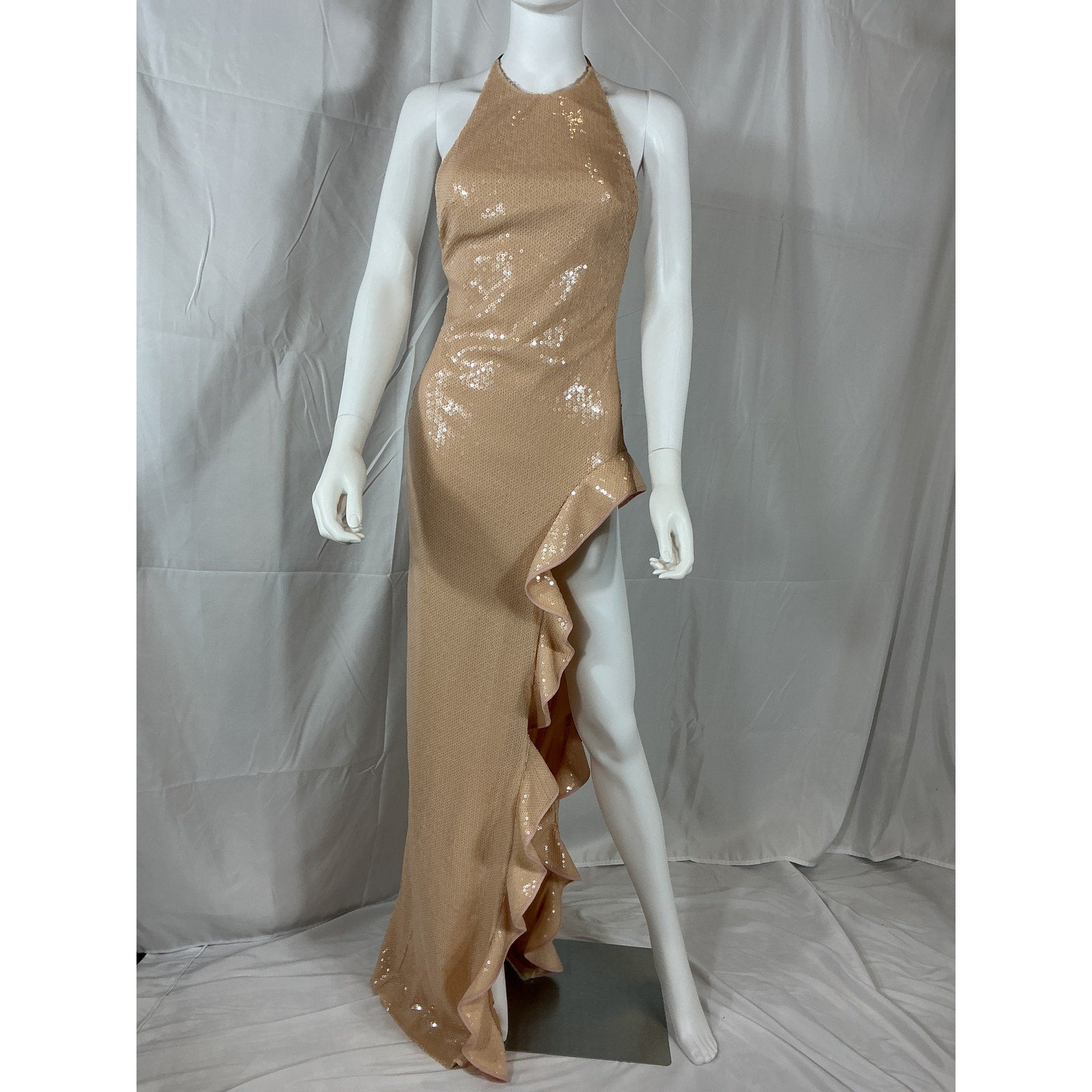 David Koma 'Ruffle' Tan Open Leg Sequin Gown Size 2 - NWT