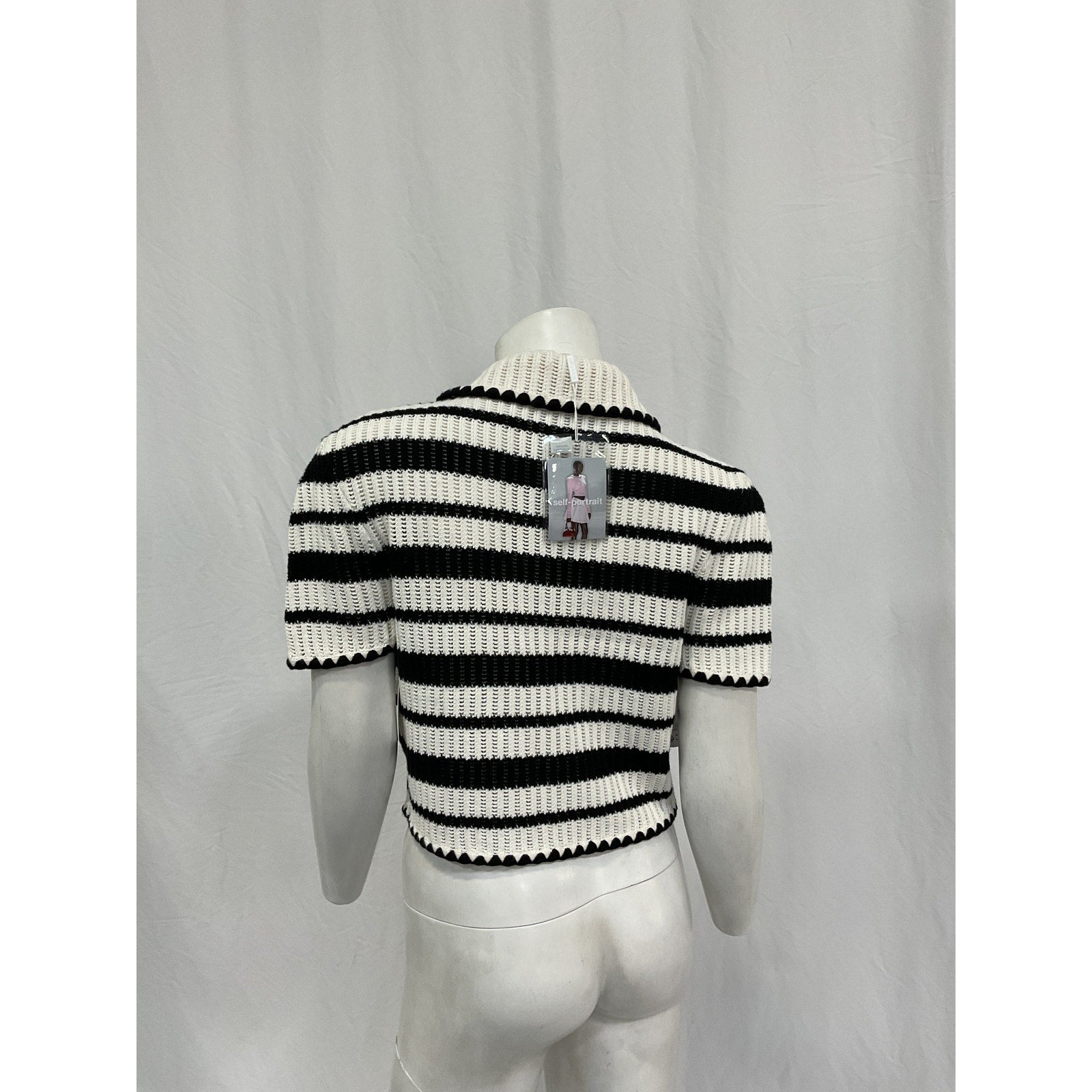 Self Portrait Striped Black Cotton Crochet Top Size M - NWT
