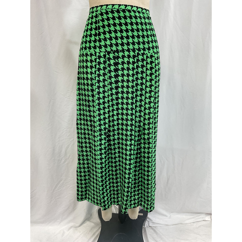 Rixo 'Nancy' Green Pleated Houndstooth Silk-Crepe Midi Skirt Size S
