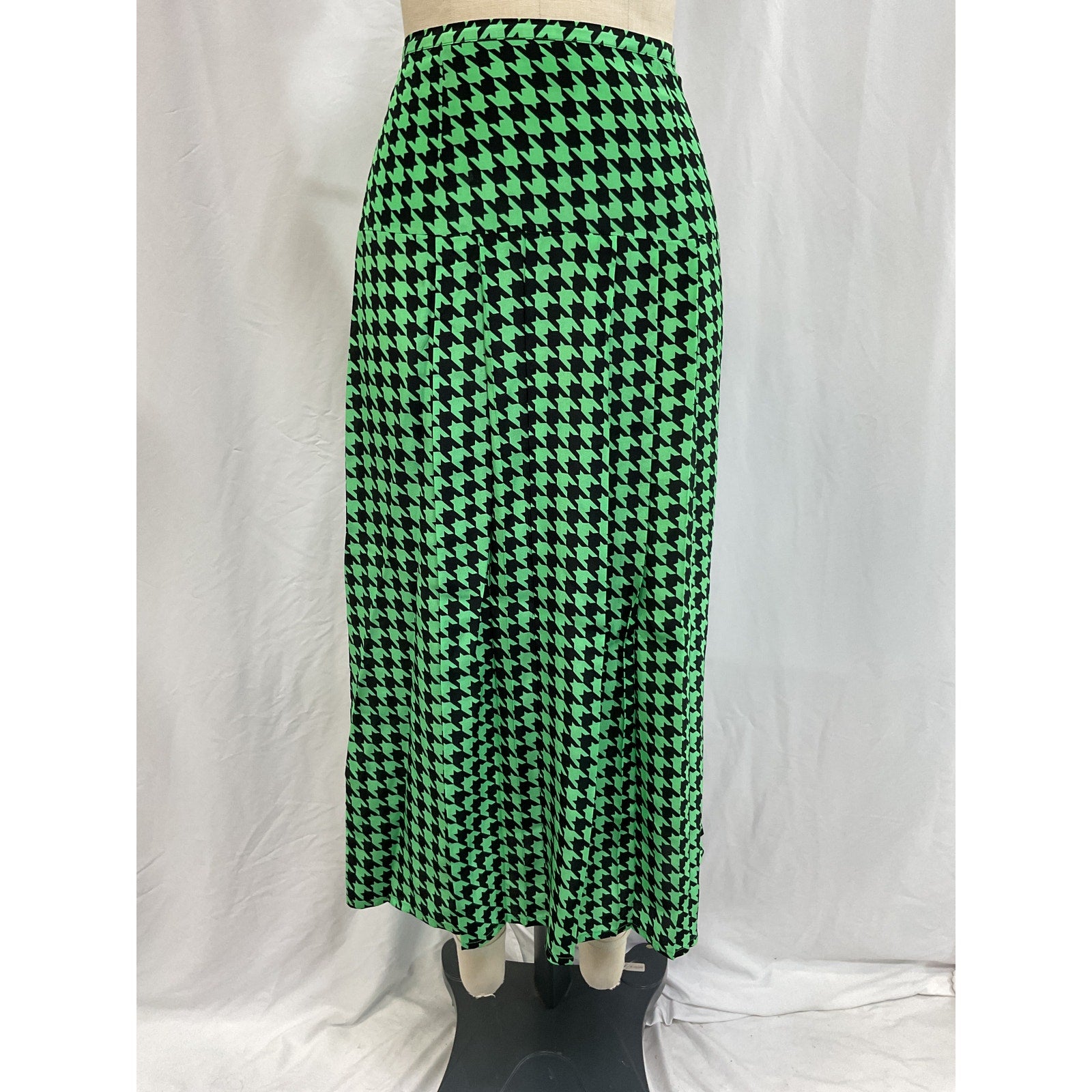 Rixo 'Nancy' Green Pleated Houndstooth Silk-Crepe Midi Skirt Size S