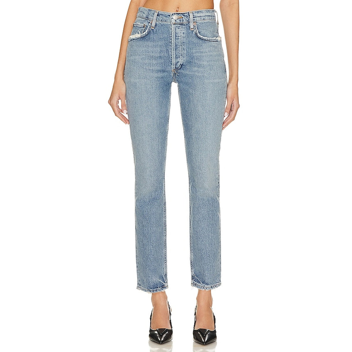 Agolde 'Riley' Blue Cotton Long High Rise Straight Denim Jean Size 23