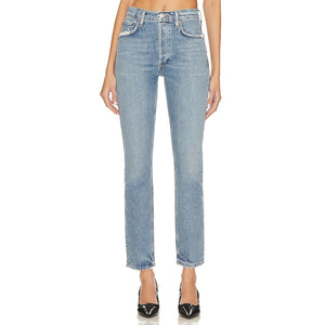 Agolde 'Riley' Blue Cotton Long High Rise Straight Denim Jean Size 23