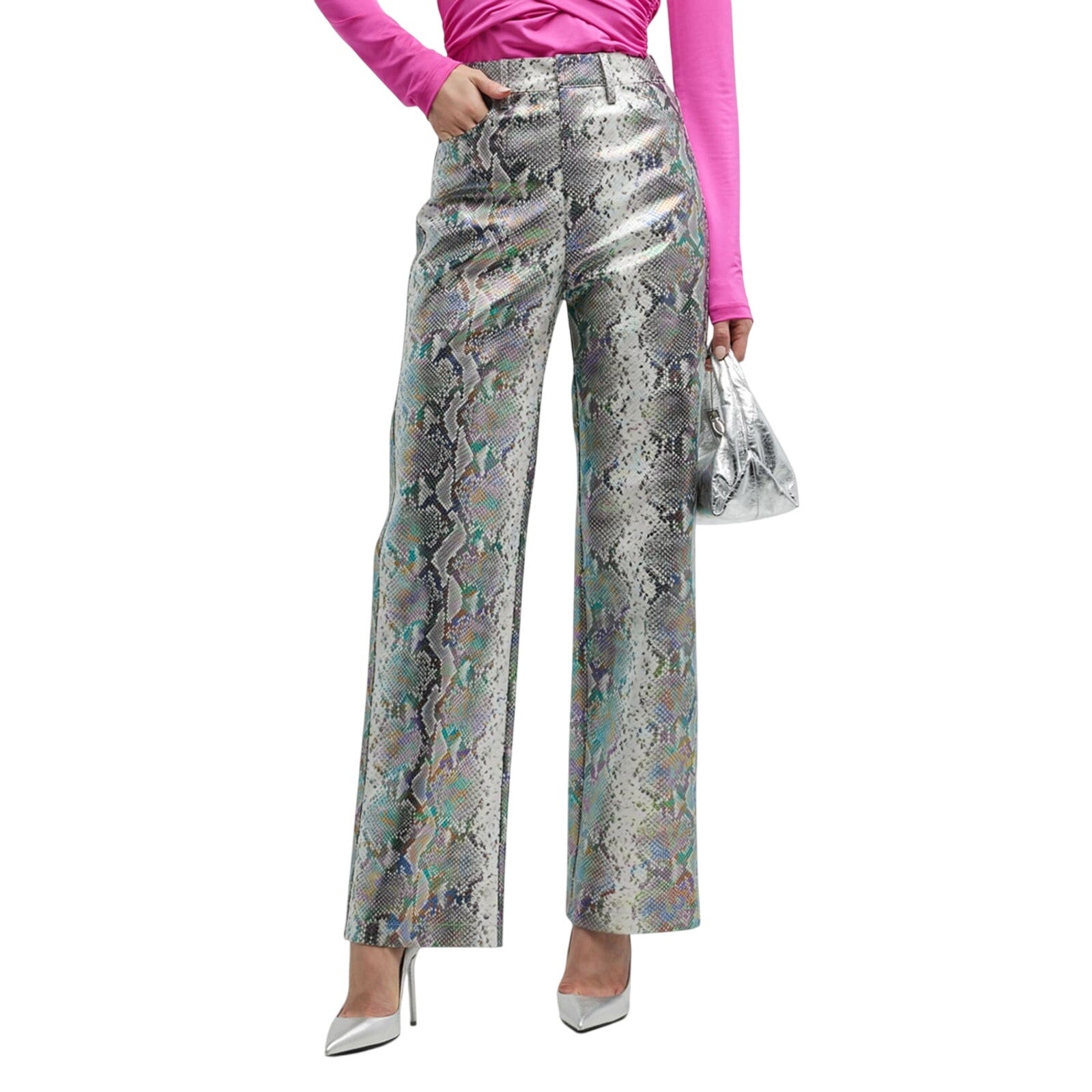 Rotate Birger Christensen Silver Viscose Snake Pu Straight Pants Size 34