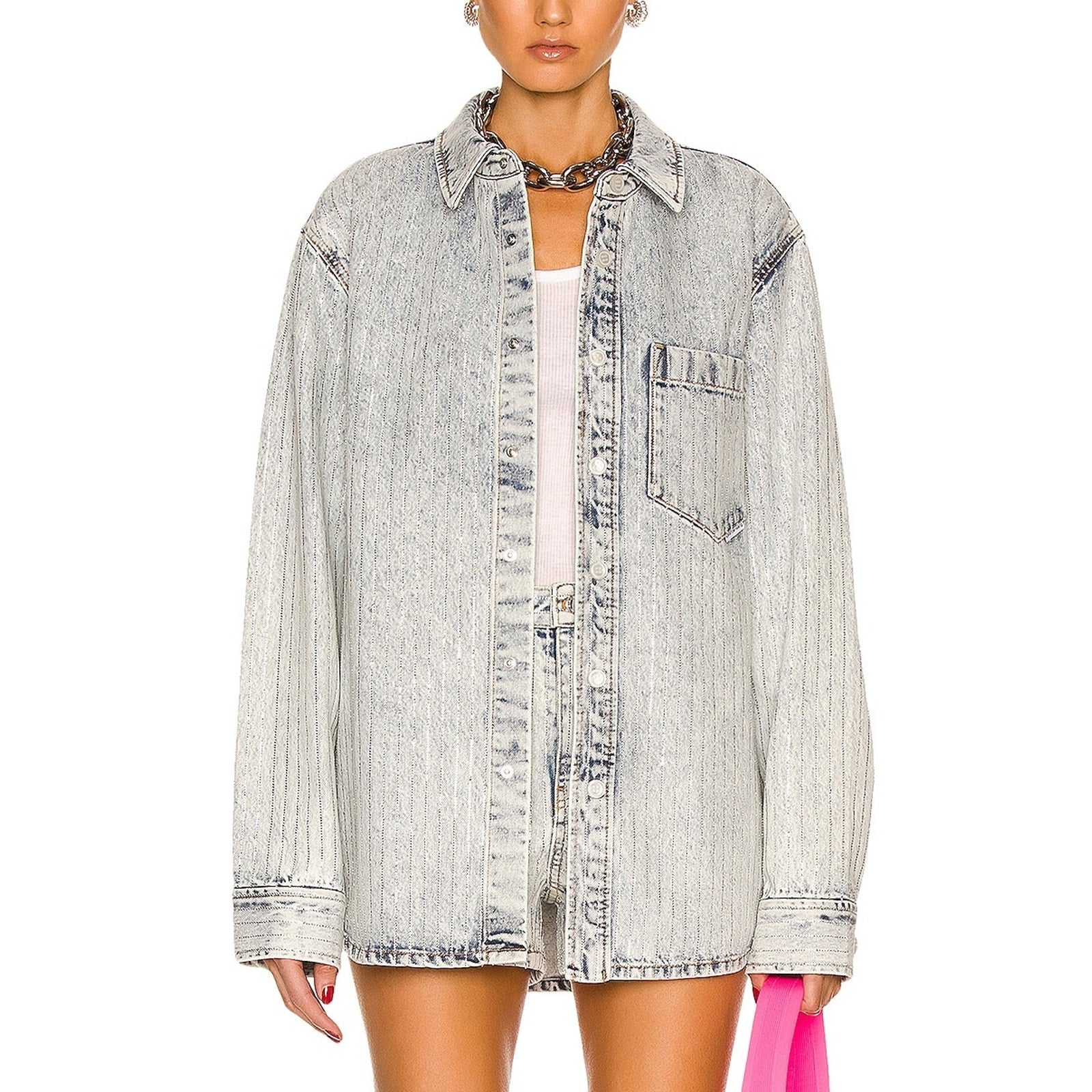 Alexander Wang 'Crystal' Blue Denim Stripe Oversized Crystal Embellished Shirt Size S - NWT