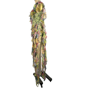 Dries Van Noten Asymmetric Ruffled Green Floral Silk Crepon Top Size FR 34 / US 2