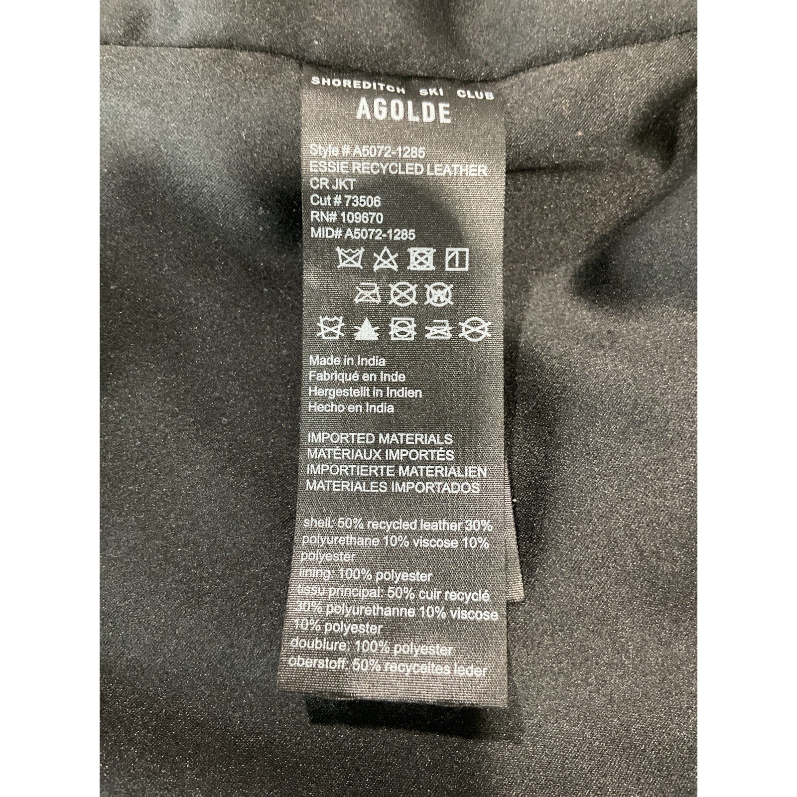 Agolde 'Essie' Black Recycled Leather Cropped Jacket Size XL