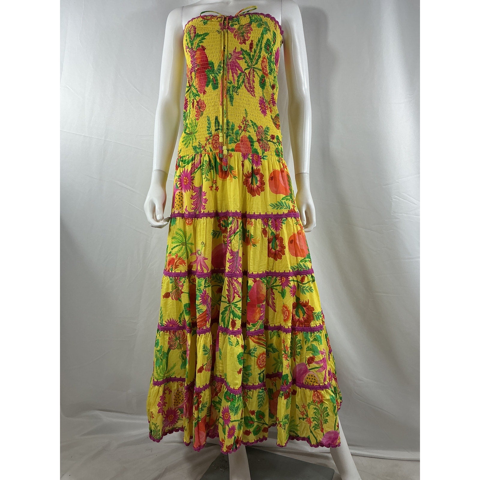 Farm Rio 'Delicate' Yellow Cotton Fruit Garden Smocked Maxi Dress Size S