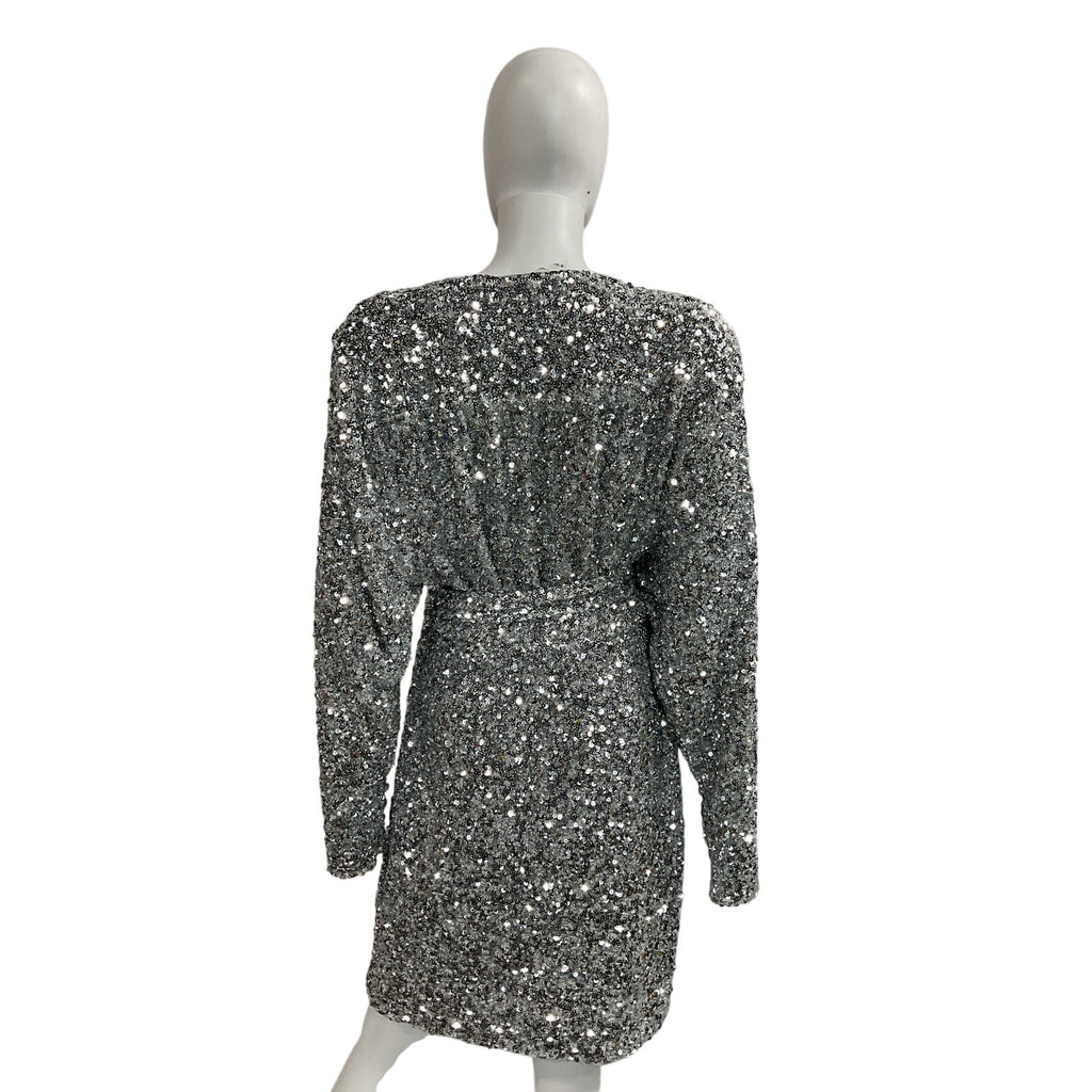 Rotate Birger Silver Christensen 'Samantha' Belted Sequined Stretch-Jersey Mini Wrap Dress Size 6