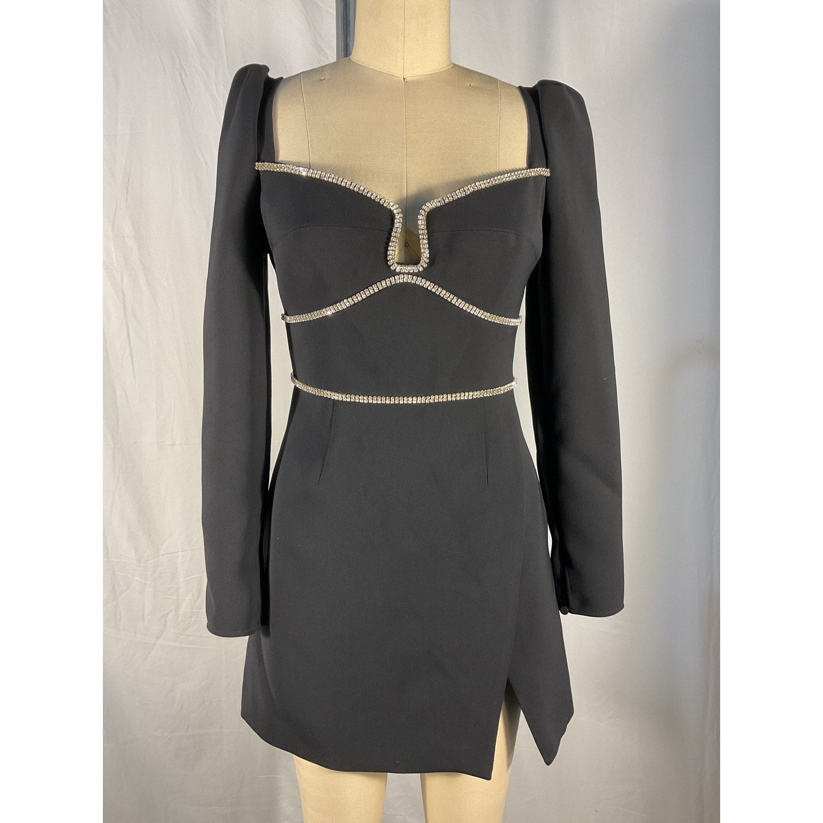 Self-Portrait Crepe Black Polyester Diamante Detail Mini Dress Size 4