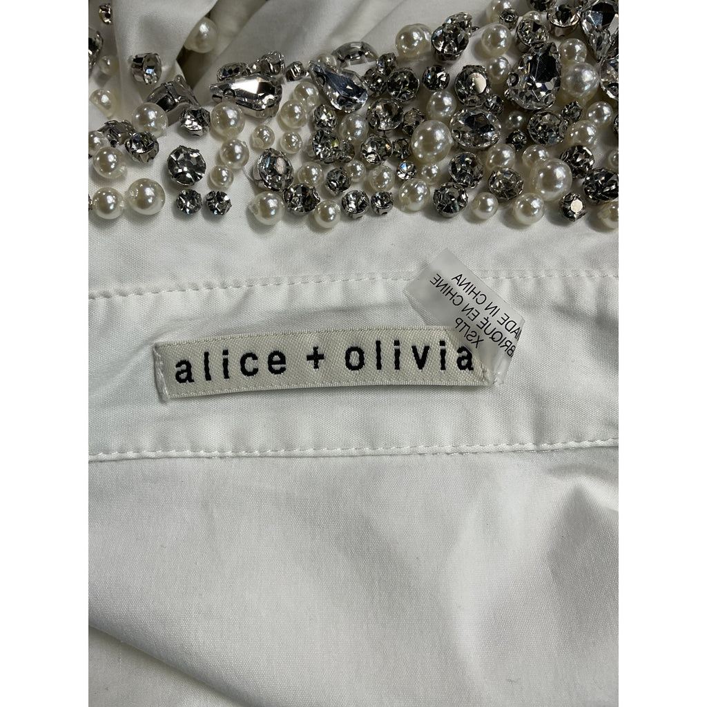 Alice + Olivia 'Finely Emb' White Button Down Long Sleeve Blouse Top Collar Shirt Size XS