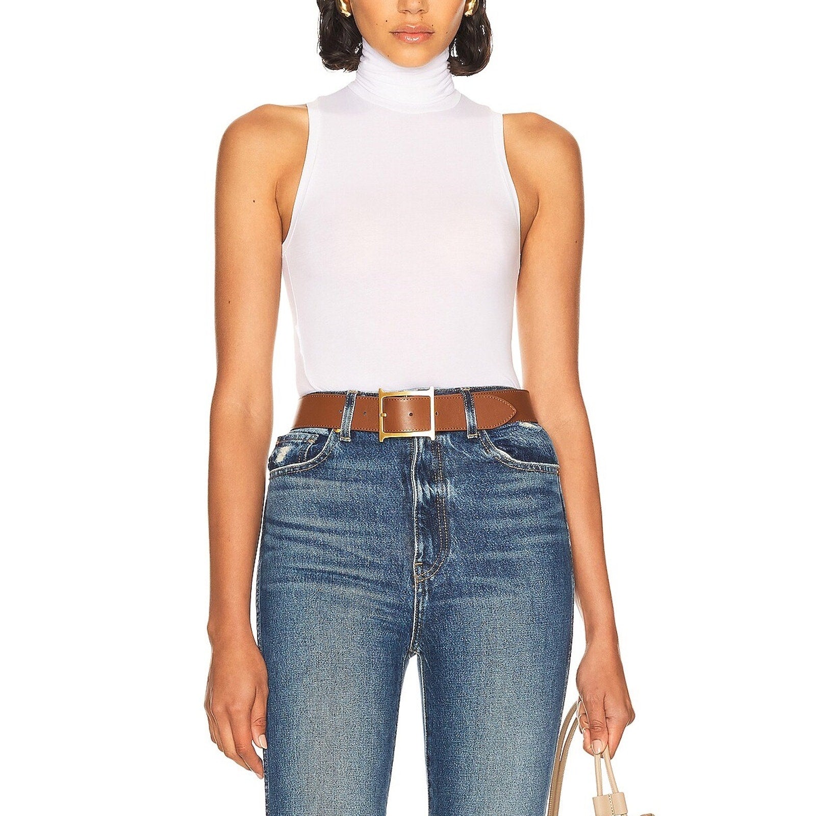 Helsa Jersey Cropped Turtleneck White Cotton Tank Top Size S